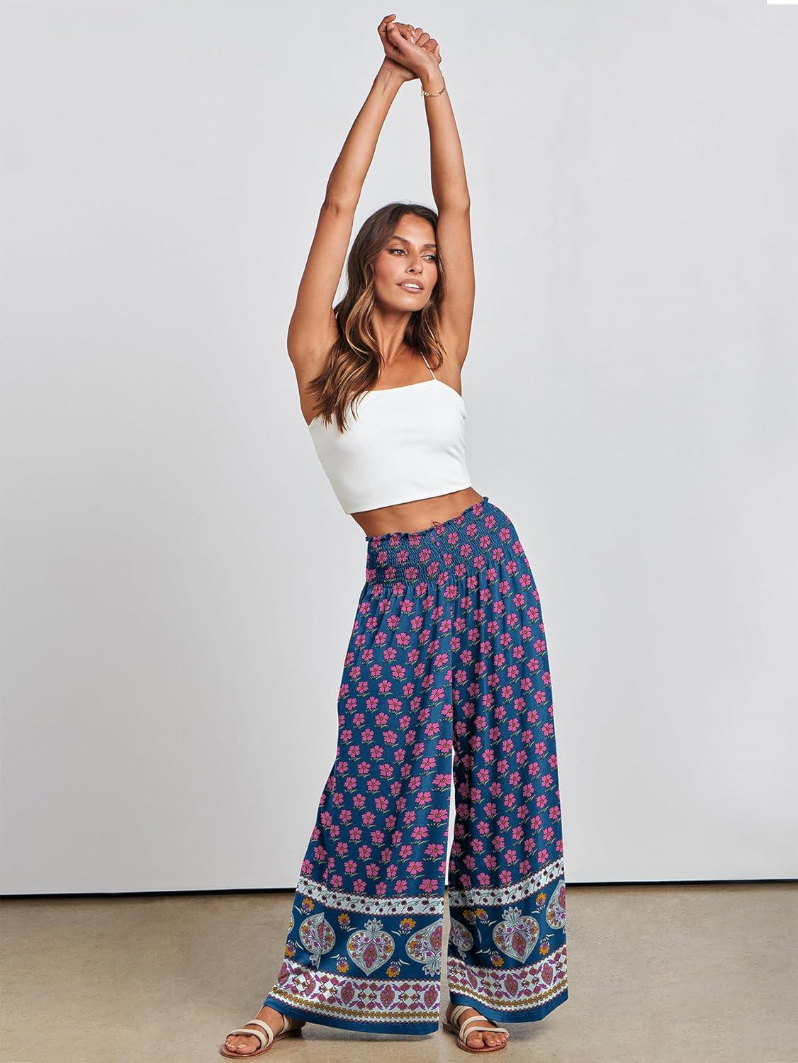 imageANRABESS Women Palazzo Pants Summer Boho Bagyy Wide Leg High Smocked Waist Casual Loose Lounge Pant with PocketFloral Pink Blue