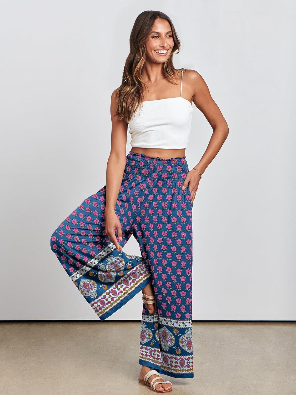 imageANRABESS Women Palazzo Pants Summer Boho Bagyy Wide Leg High Smocked Waist Casual Loose Lounge Pant with PocketFloral Pink Blue