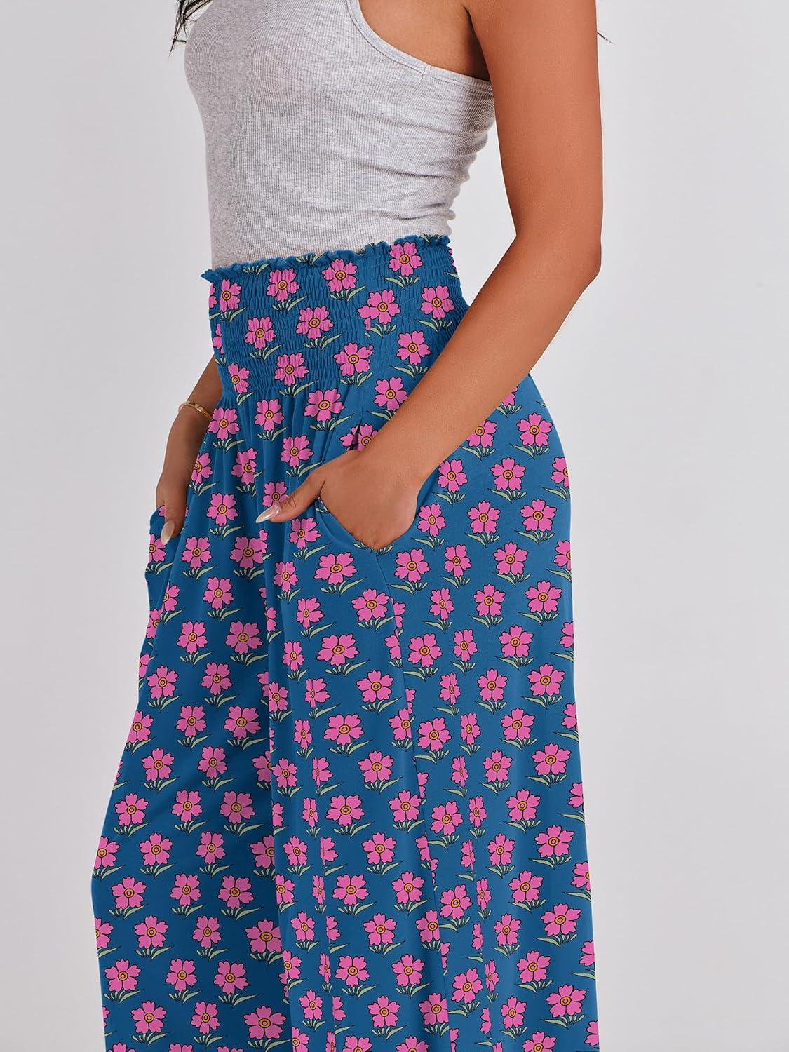 imageANRABESS Women Palazzo Pants Summer Boho Bagyy Wide Leg High Smocked Waist Casual Loose Lounge Pant with PocketFloral Pink Blue