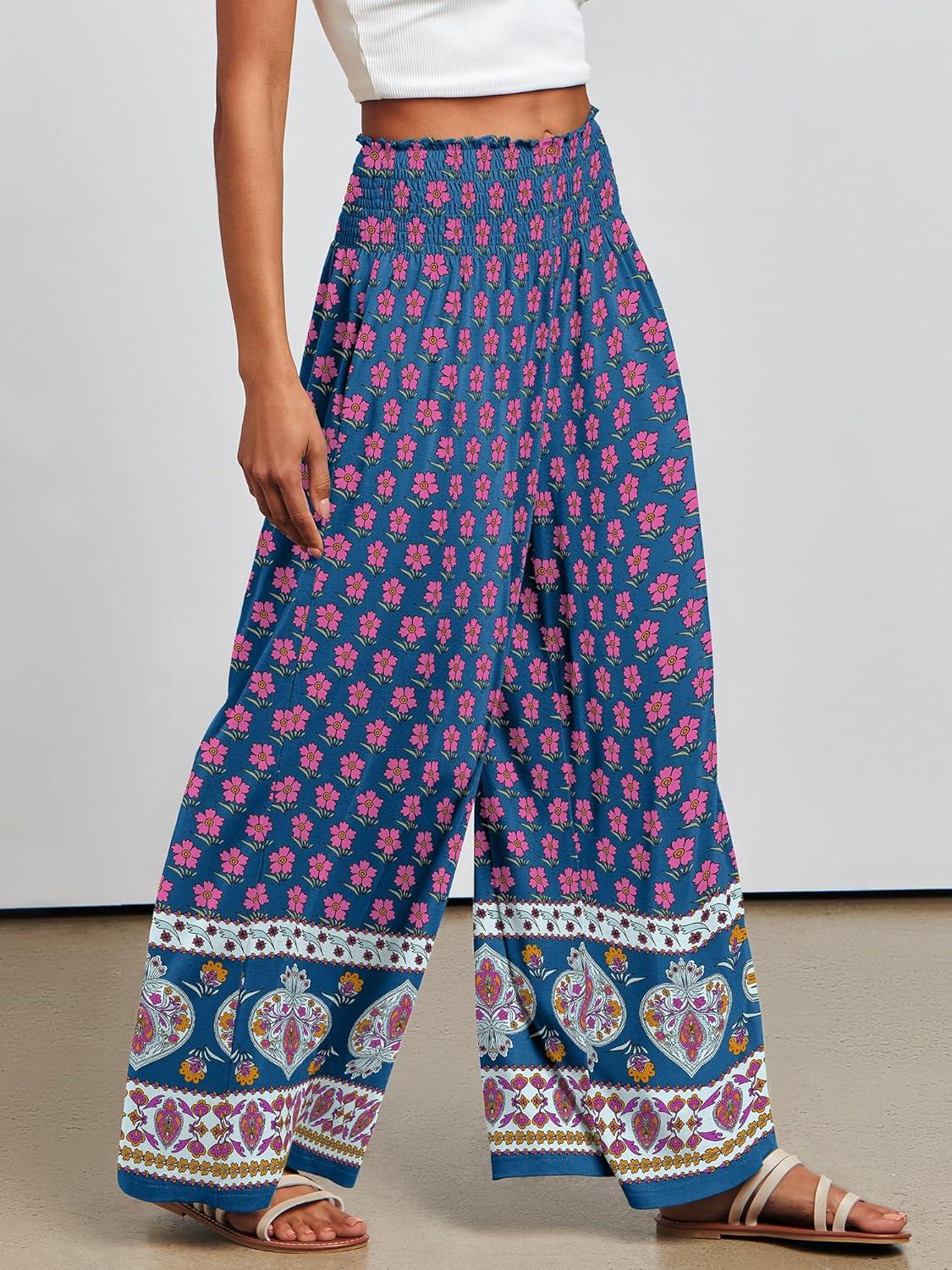 imageANRABESS Women Palazzo Pants Summer Boho Bagyy Wide Leg High Smocked Waist Casual Loose Lounge Pant with PocketFloral Pink Blue