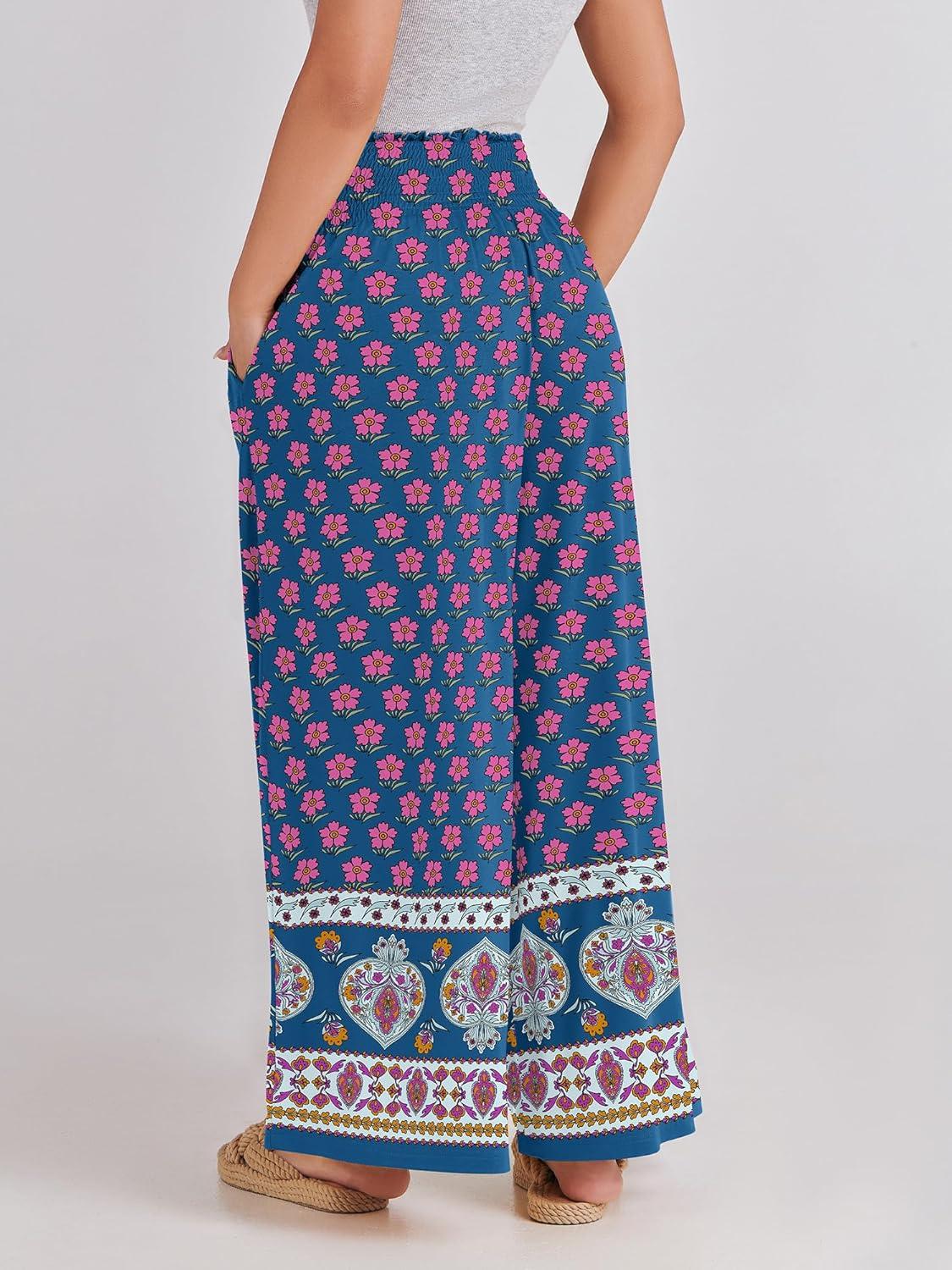imageANRABESS Women Palazzo Pants Summer Boho Bagyy Wide Leg High Smocked Waist Casual Loose Lounge Pant with PocketFloral Pink Blue