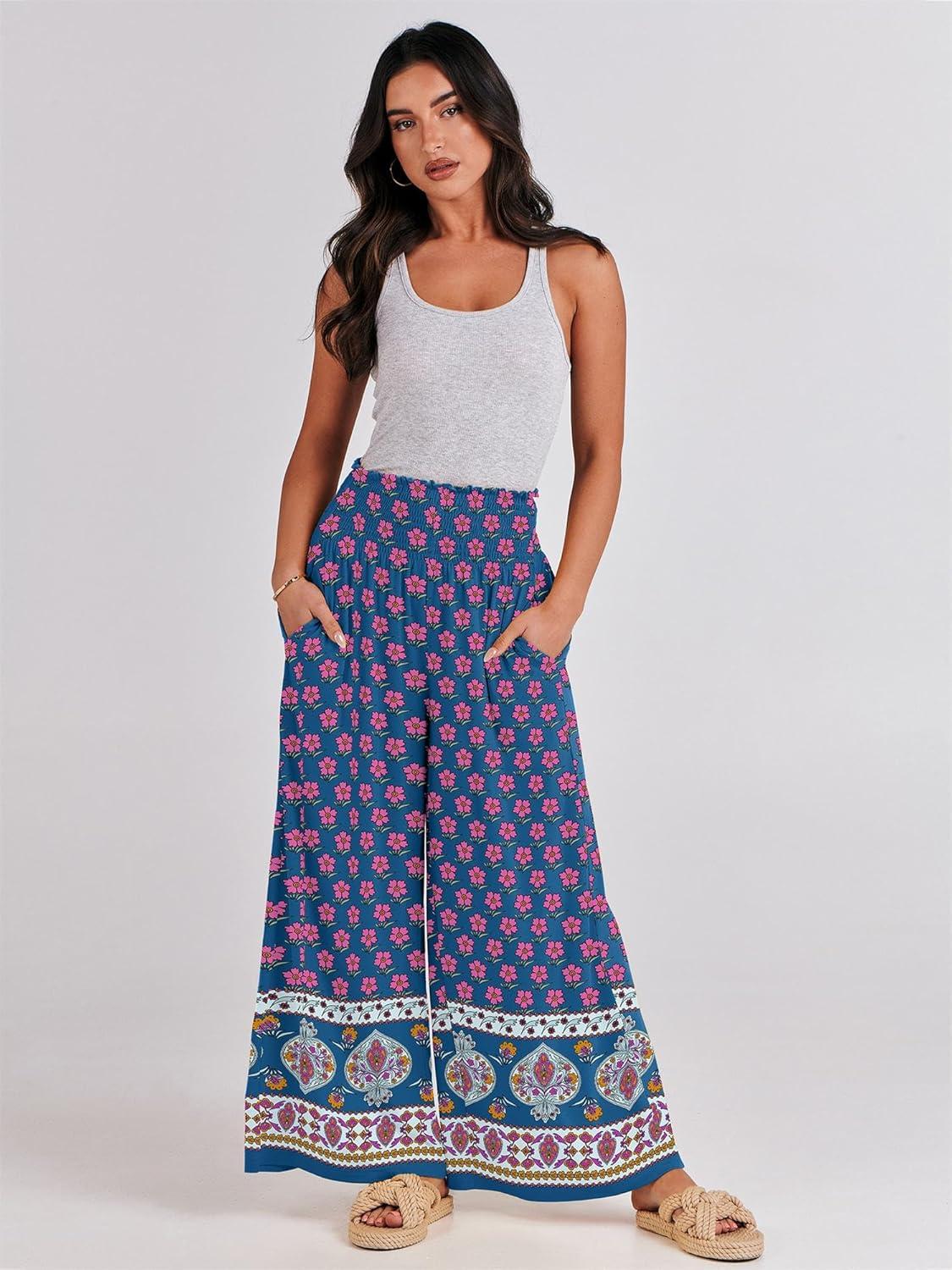 imageANRABESS Women Palazzo Pants Summer Boho Bagyy Wide Leg High Smocked Waist Casual Loose Lounge Pant with PocketFloral Pink Blue