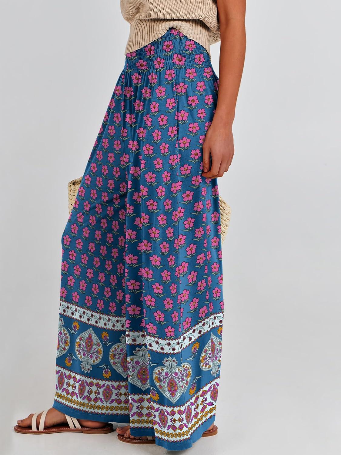 imageANRABESS Women Palazzo Pants Summer Boho Bagyy Wide Leg High Smocked Waist Casual Loose Lounge Pant with PocketFloral Pink Blue