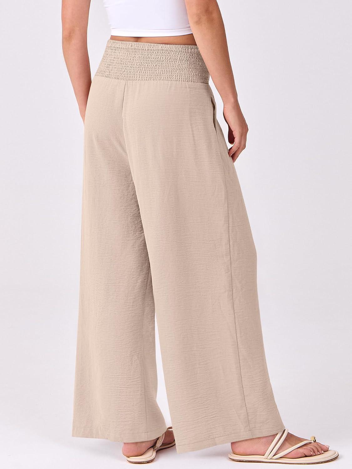 imageANRABESS Women Palazzo Pants Summer Flowy Wide Leg High Waist Lounge Trousers with Pockets 2025 Casual Beach Vacation OutfitsAlmond