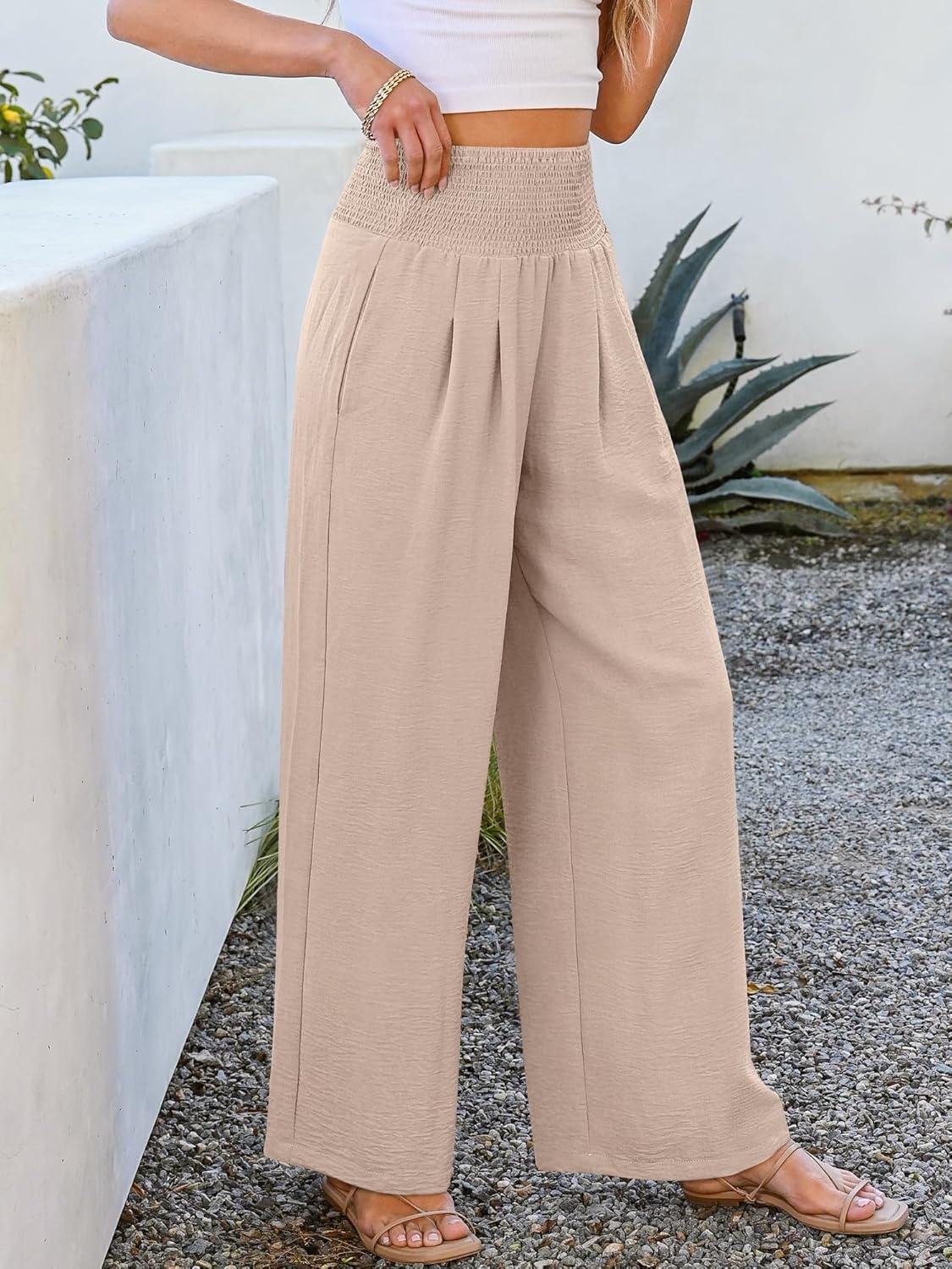 imageANRABESS Women Palazzo Pants Summer Flowy Wide Leg High Waist Lounge Trousers with Pockets 2025 Casual Beach Vacation OutfitsAlmond