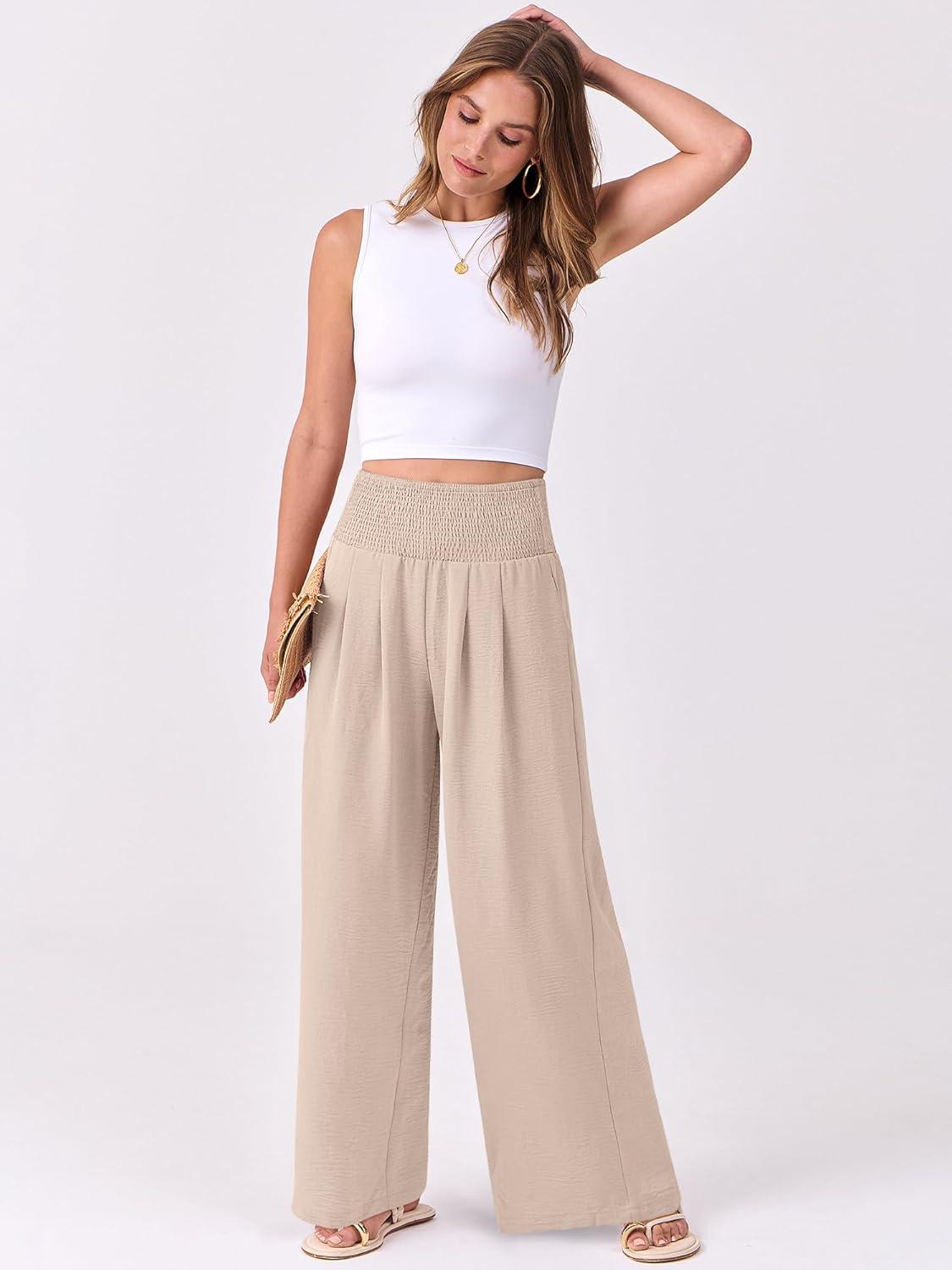 imageANRABESS Women Palazzo Pants Summer Flowy Wide Leg High Waist Lounge Trousers with Pockets 2025 Casual Beach Vacation OutfitsAlmond