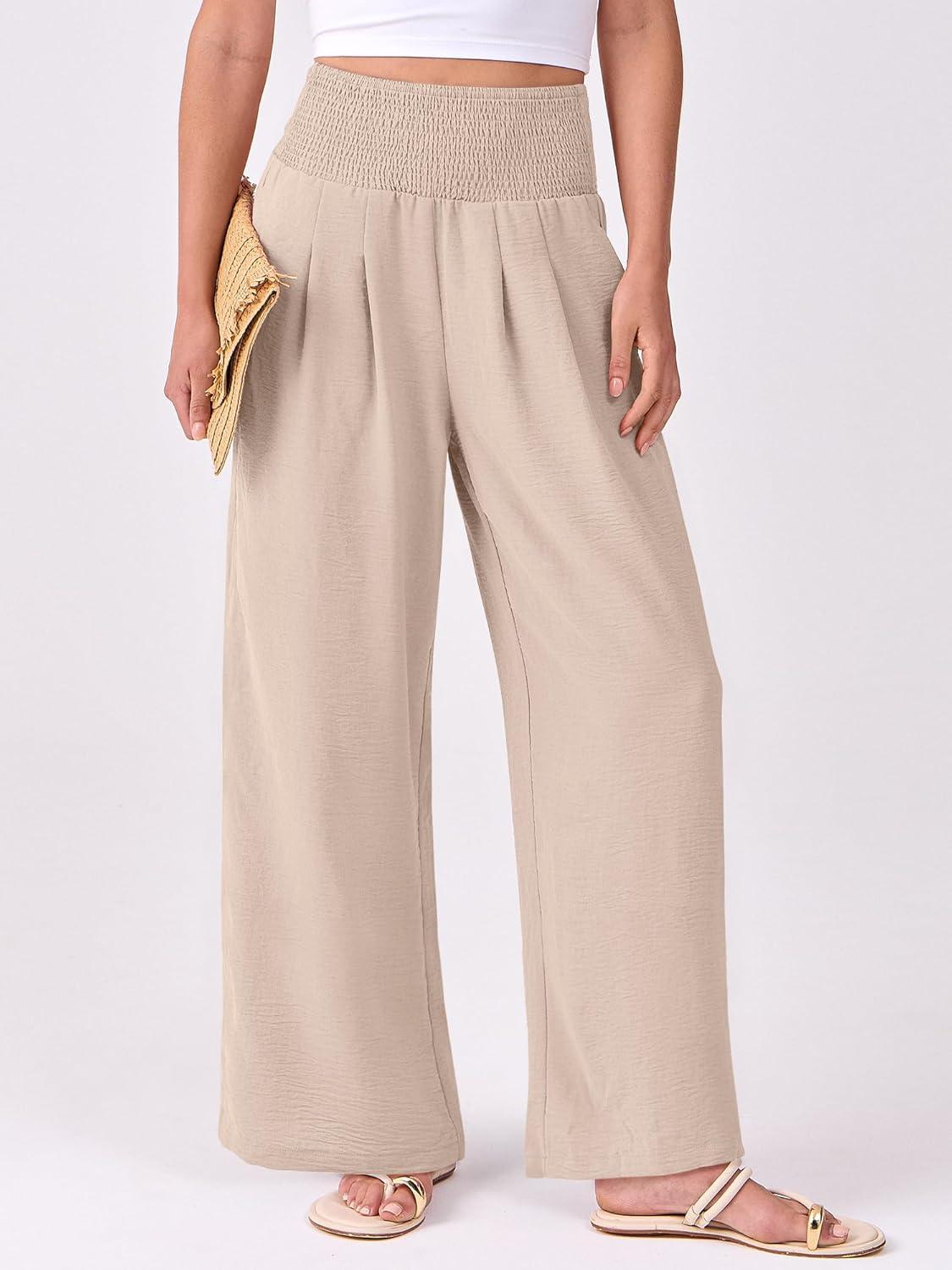 imageANRABESS Women Palazzo Pants Summer Flowy Wide Leg High Waist Lounge Trousers with Pockets 2025 Casual Beach Vacation OutfitsAlmond