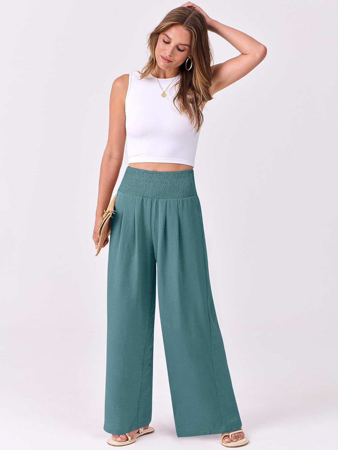 imageANRABESS Women Palazzo Pants Summer Flowy Wide Leg High Waist Lounge Trousers with Pockets 2025 Casual Beach Vacation OutfitsLake