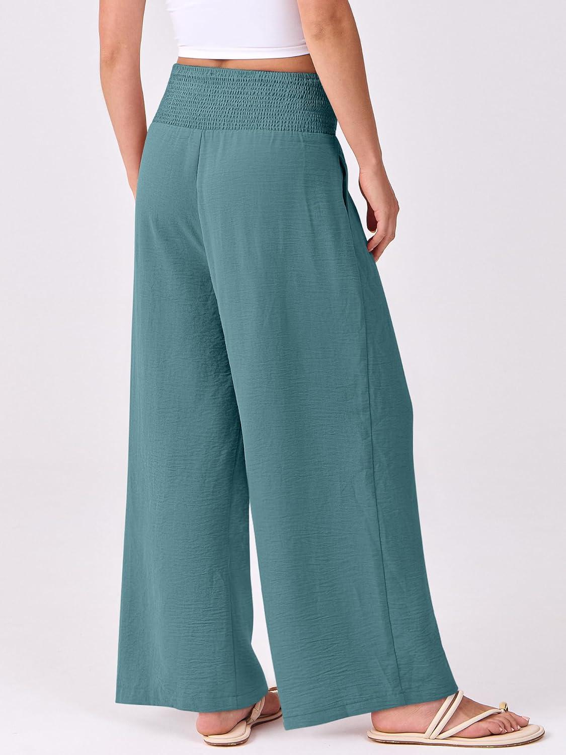 imageANRABESS Women Palazzo Pants Summer Flowy Wide Leg High Waist Lounge Trousers with Pockets 2025 Casual Beach Vacation OutfitsLake