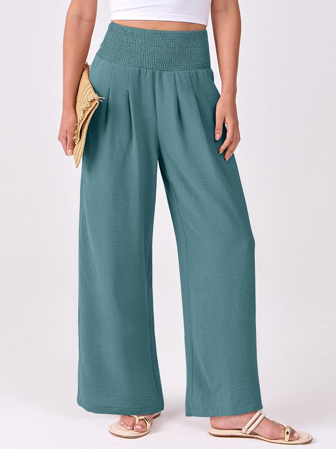 imageANRABESS Women Palazzo Pants Summer Flowy Wide Leg High Waist Lounge Trousers with Pockets 2025 Casual Beach Vacation OutfitsLake