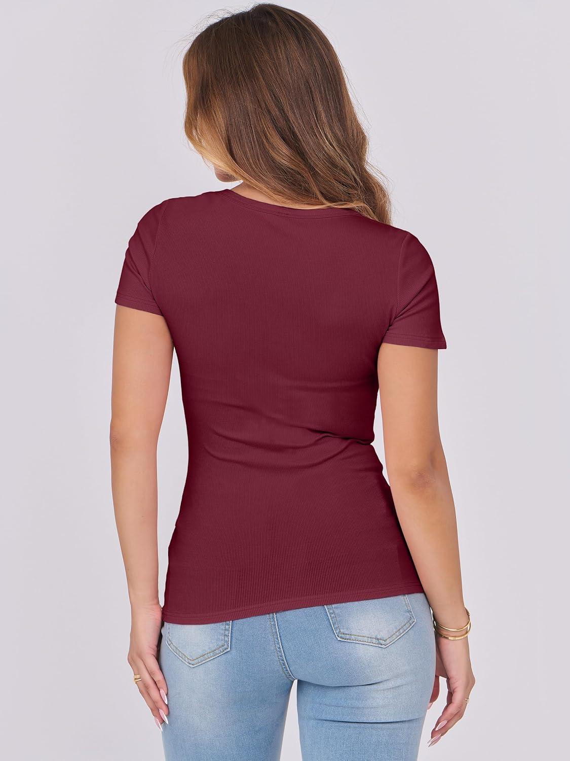 imageANRABESS Women Short Sleeve Tops Scoop Neck Ribbed Knit Slim Fitted Basic Tee Shirts Casual Summer Clothes 2025 Fall OutfitsDeep Red