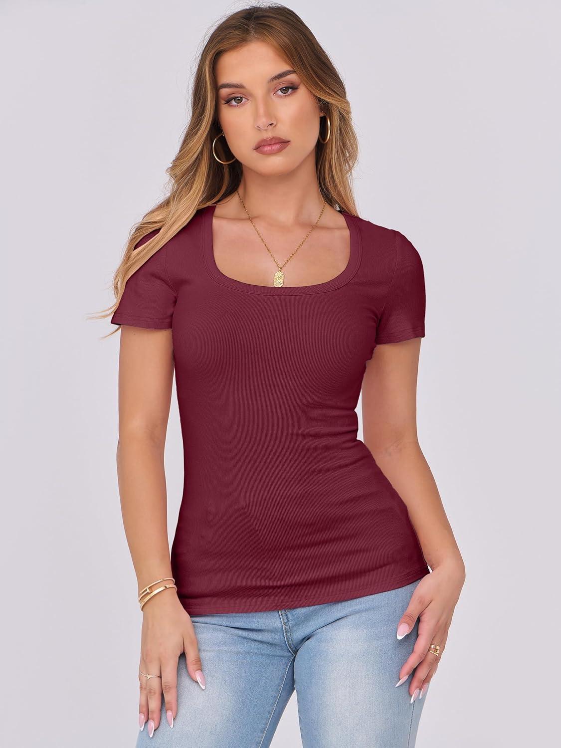 imageANRABESS Women Short Sleeve Tops Scoop Neck Ribbed Knit Slim Fitted Basic Tee Shirts Casual Summer Clothes 2025 Fall OutfitsDeep Red