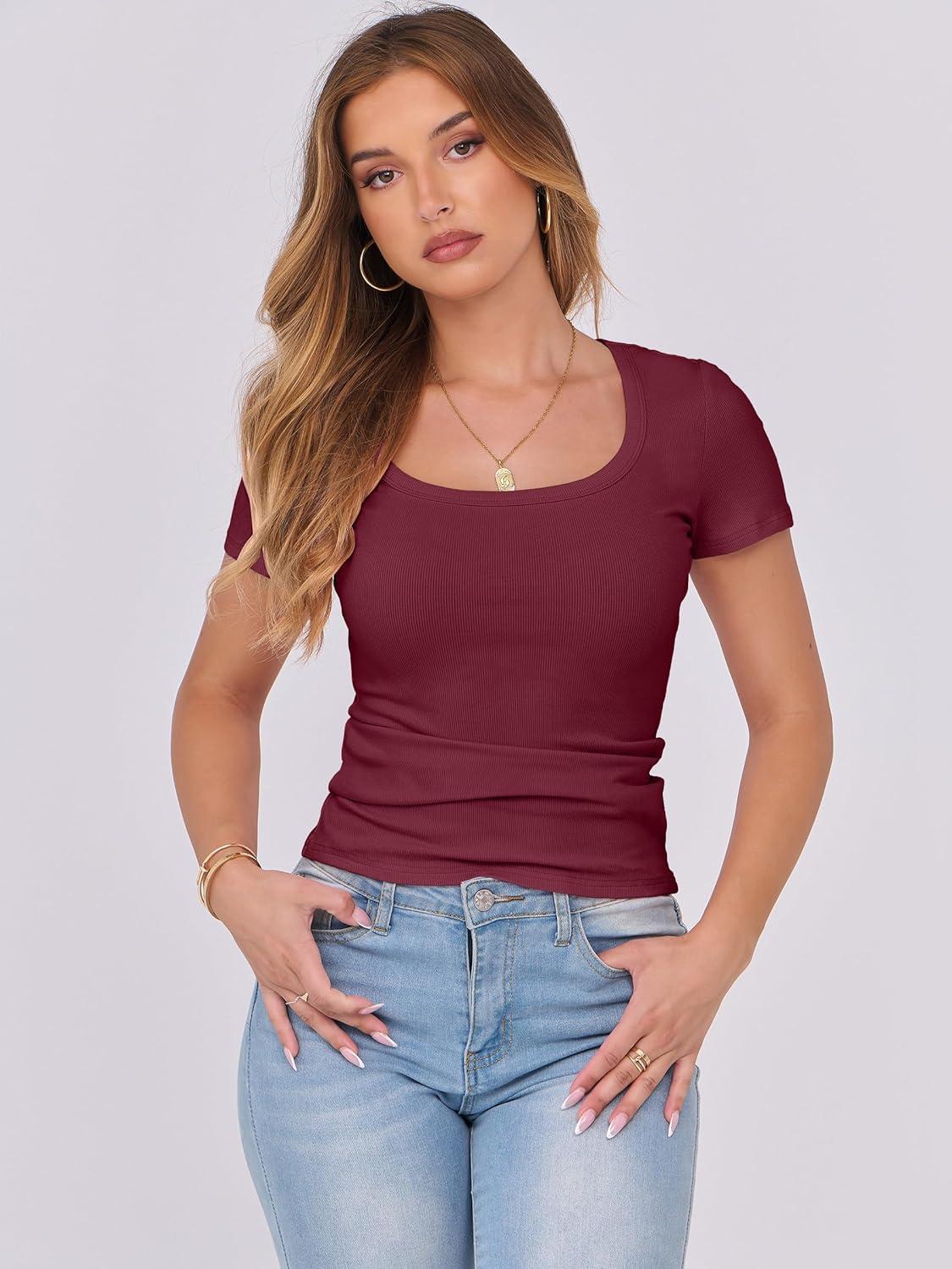 imageANRABESS Women Short Sleeve Tops Scoop Neck Ribbed Knit Slim Fitted Basic Tee Shirts Casual Summer Clothes 2025 Fall OutfitsDeep Red