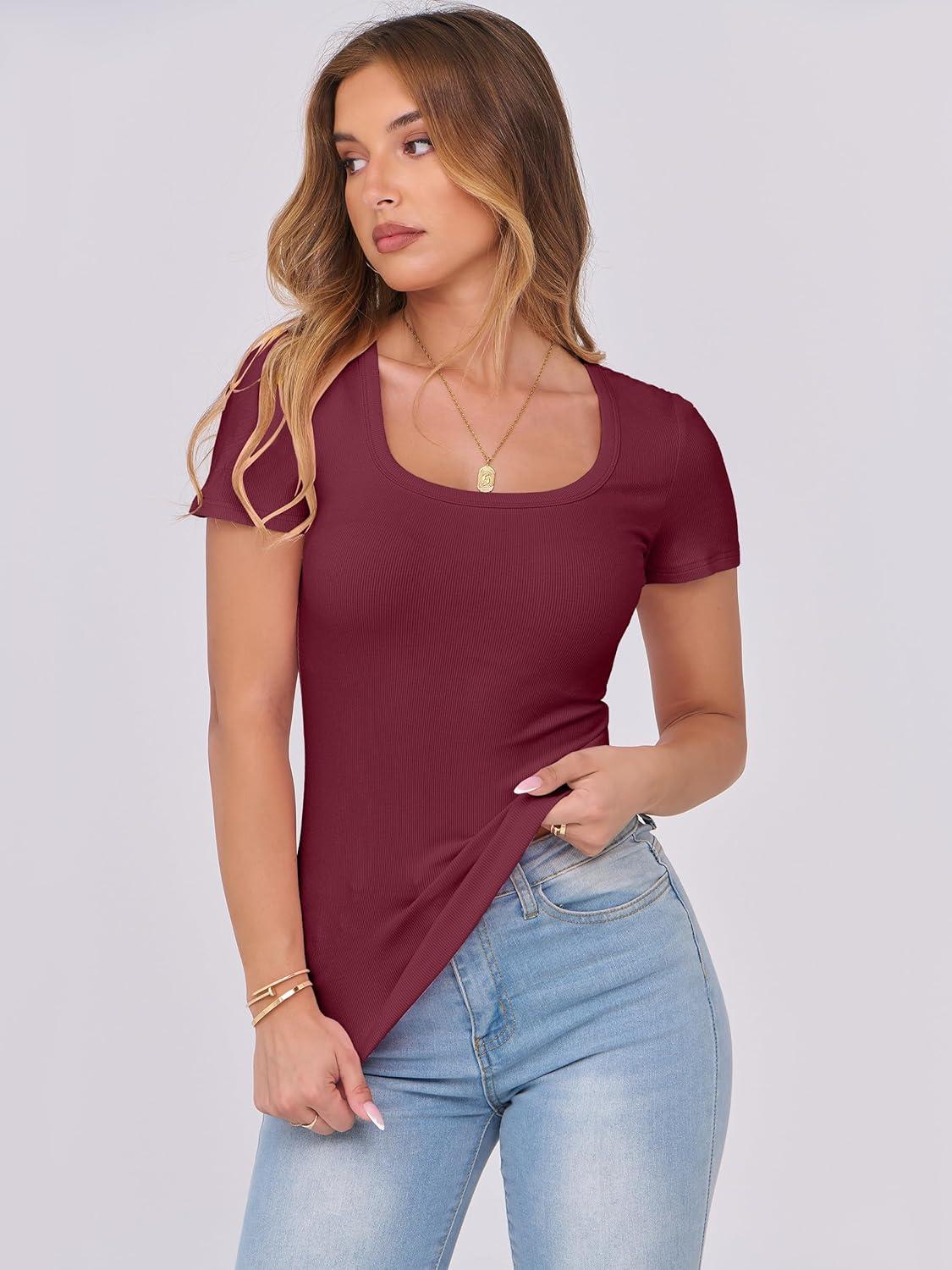 imageANRABESS Women Short Sleeve Tops Scoop Neck Ribbed Knit Slim Fitted Basic Tee Shirts Casual Summer Clothes 2025 Fall OutfitsDeep Red