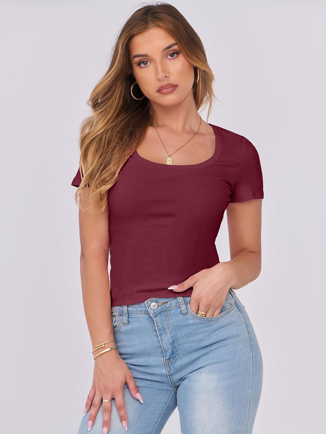 imageANRABESS Women Short Sleeve Tops Scoop Neck Ribbed Knit Slim Fitted Basic Tee Shirts Casual Summer Clothes 2025 Fall OutfitsDeep Red