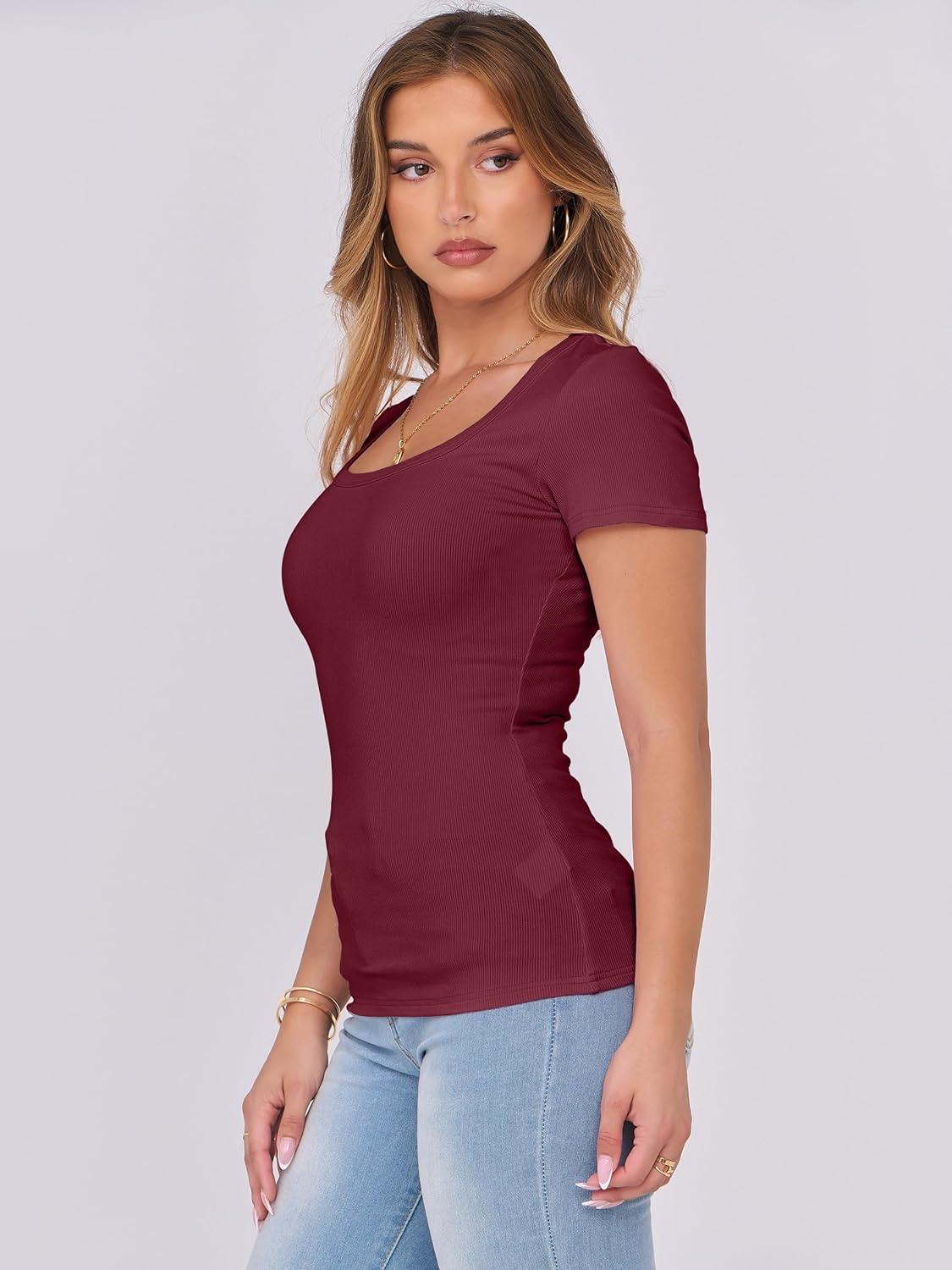 imageANRABESS Women Short Sleeve Tops Scoop Neck Ribbed Knit Slim Fitted Basic Tee Shirts Casual Summer Clothes 2025 Fall OutfitsDeep Red