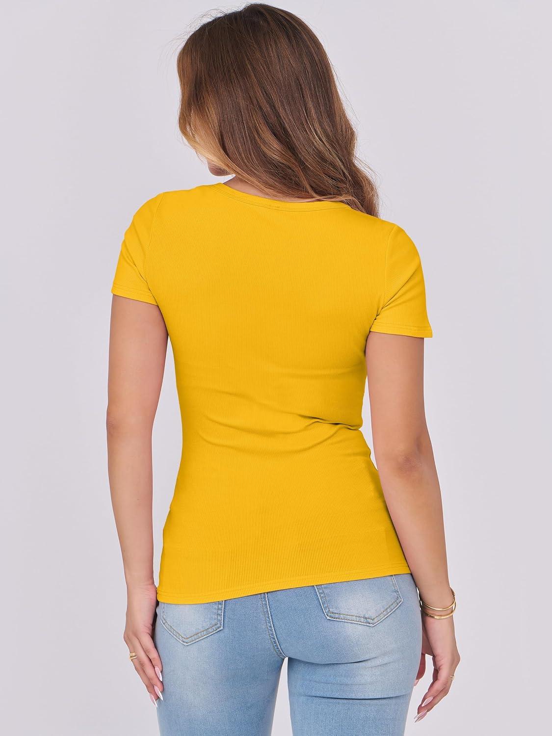 imageANRABESS Women Short Sleeve Tops Scoop Neck Ribbed Knit Slim Fitted Basic Tee Shirts Casual Summer Clothes 2025 Fall OutfitsYellow