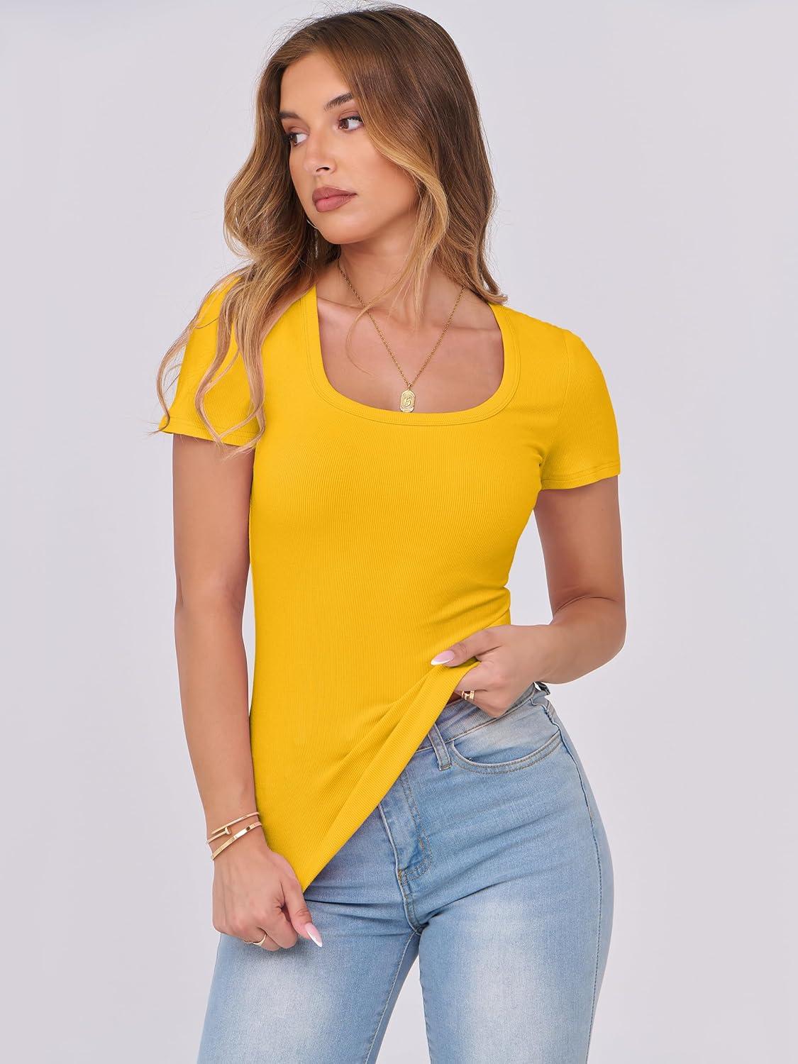 imageANRABESS Women Short Sleeve Tops Scoop Neck Ribbed Knit Slim Fitted Basic Tee Shirts Casual Summer Clothes 2025 Fall OutfitsYellow