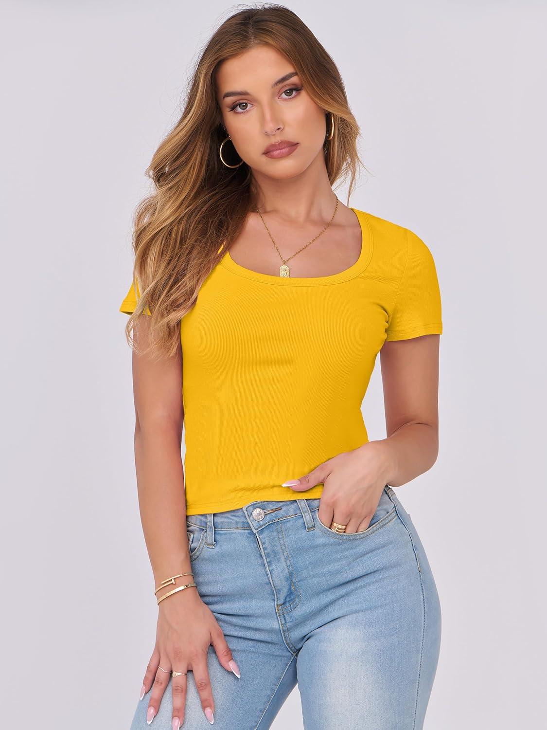 imageANRABESS Women Short Sleeve Tops Scoop Neck Ribbed Knit Slim Fitted Basic Tee Shirts Casual Summer Clothes 2025 Fall OutfitsYellow