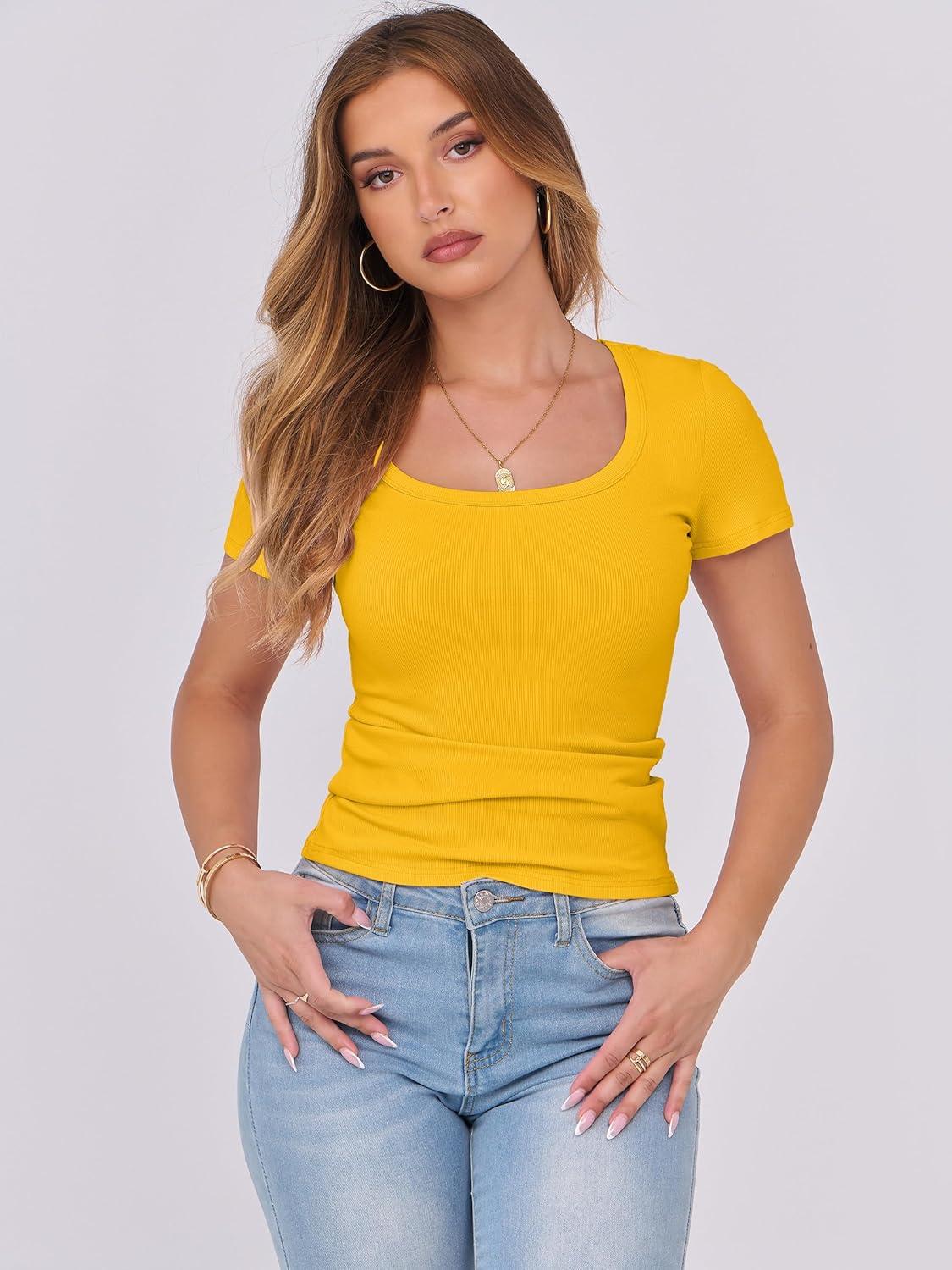 imageANRABESS Women Short Sleeve Tops Scoop Neck Ribbed Knit Slim Fitted Basic Tee Shirts Casual Summer Clothes 2025 Fall OutfitsYellow