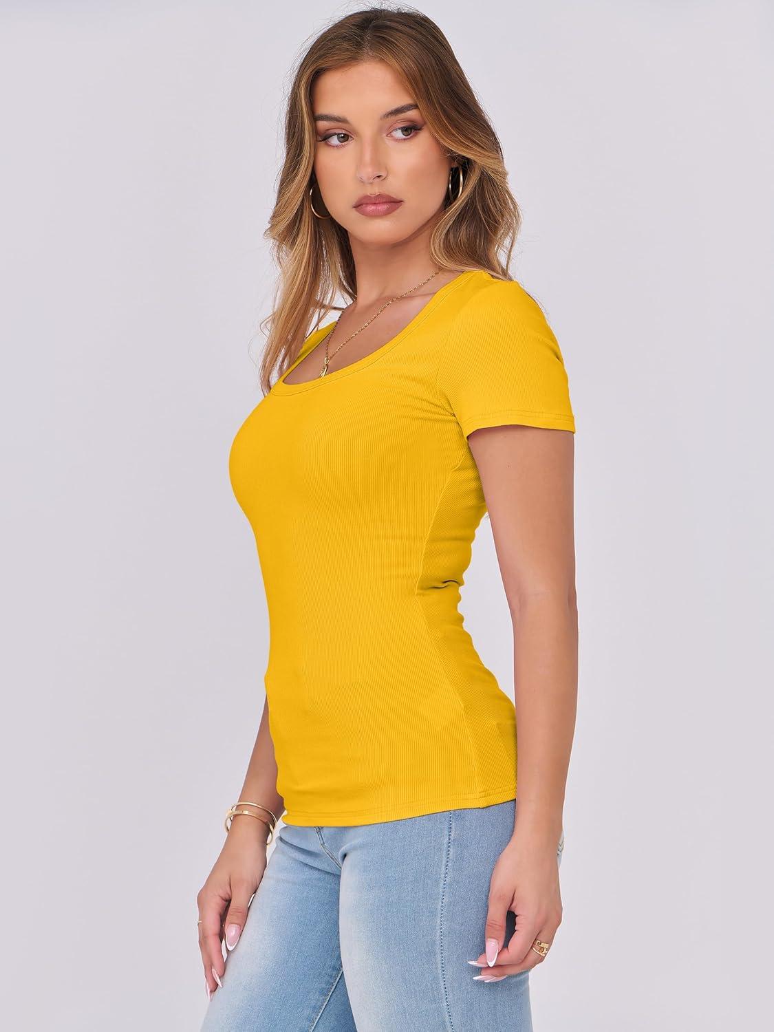 imageANRABESS Women Short Sleeve Tops Scoop Neck Ribbed Knit Slim Fitted Basic Tee Shirts Casual Summer Clothes 2025 Fall OutfitsYellow