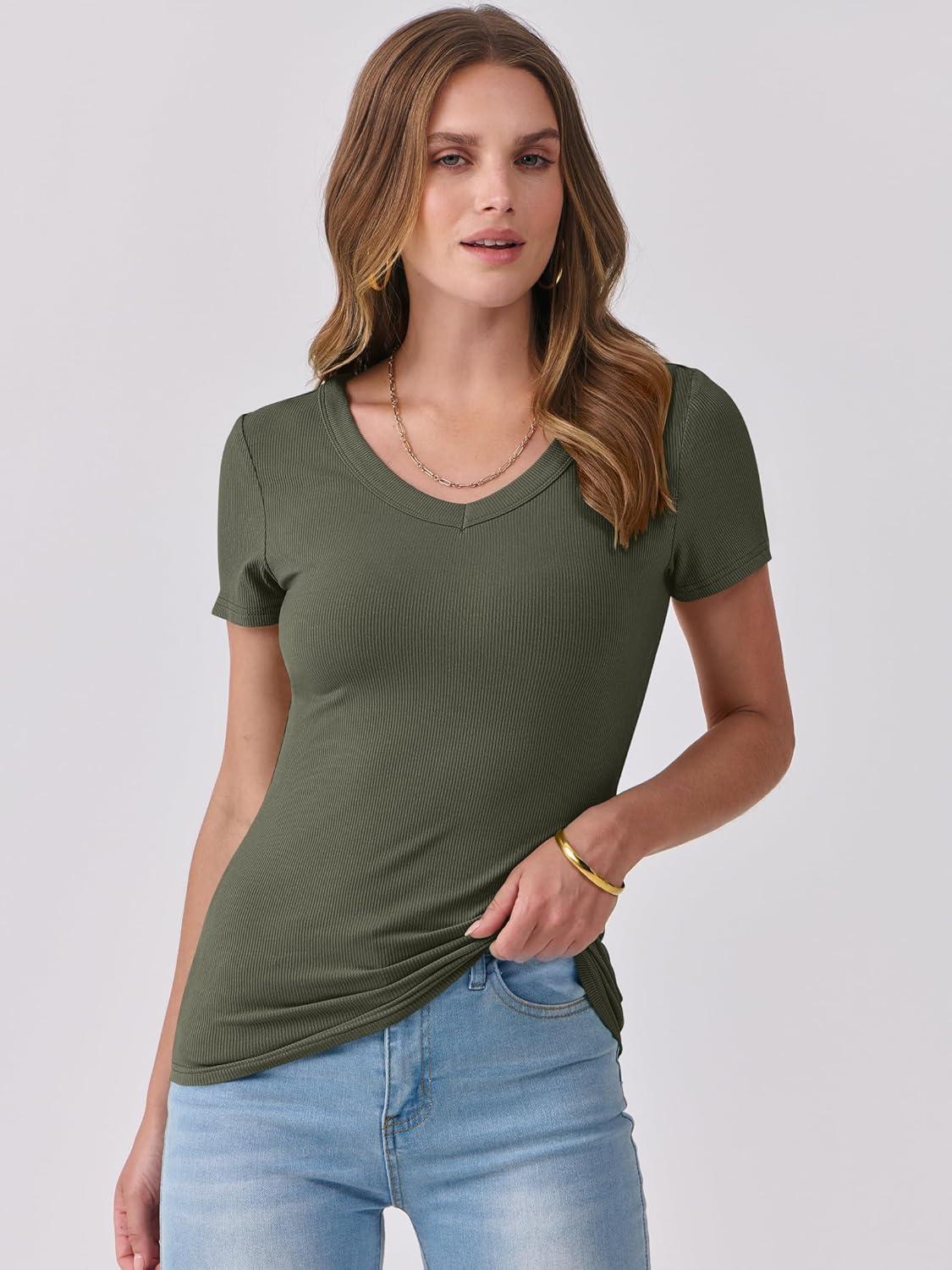 imageANRABESS Women Short Sleeve V Neck Ribbed Knit Fitted Shirts Basic Tees Tops 2025 Summer Casual TShirts Going Out OutfitsArmy Green