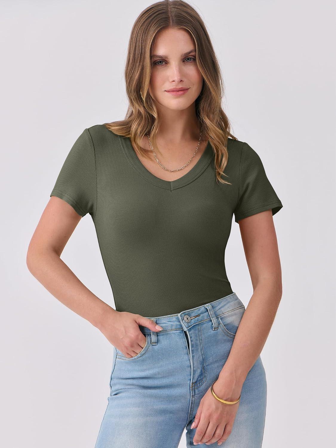 imageANRABESS Women Short Sleeve V Neck Ribbed Knit Fitted Shirts Basic Tees Tops 2025 Summer Casual TShirts Going Out OutfitsArmy Green