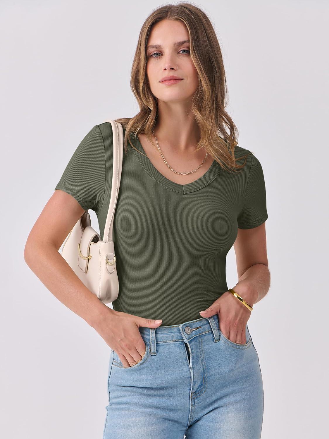 imageANRABESS Women Short Sleeve V Neck Ribbed Knit Fitted Shirts Basic Tees Tops 2025 Summer Casual TShirts Going Out OutfitsArmy Green
