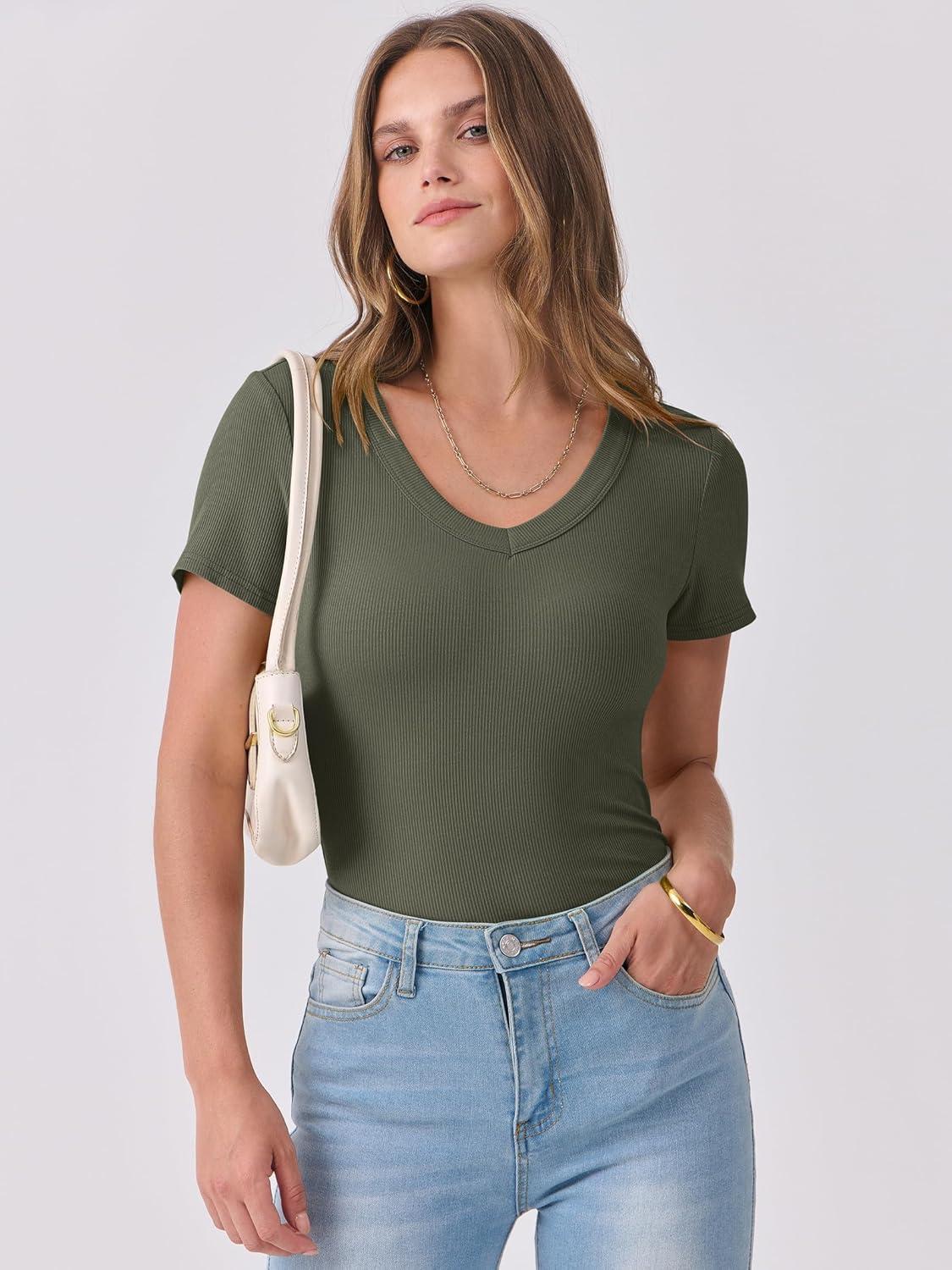 imageANRABESS Women Short Sleeve V Neck Ribbed Knit Fitted Shirts Basic Tees Tops 2025 Summer Casual TShirts Going Out OutfitsArmy Green
