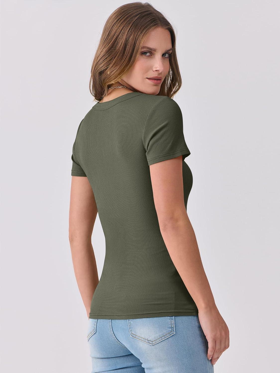 imageANRABESS Women Short Sleeve V Neck Ribbed Knit Fitted Shirts Basic Tees Tops 2025 Summer Casual TShirts Going Out OutfitsArmy Green