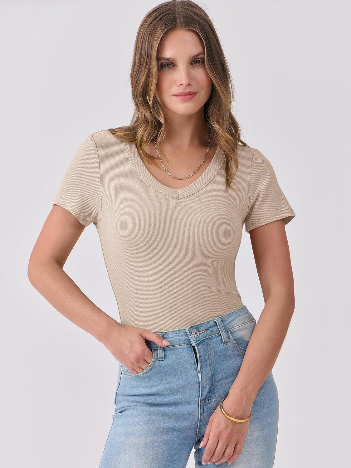 imageANRABESS Women Short Sleeve V Neck Ribbed Knit Fitted Shirts Basic Tees Tops 2025 Summer Casual TShirts Going Out OutfitsBeige