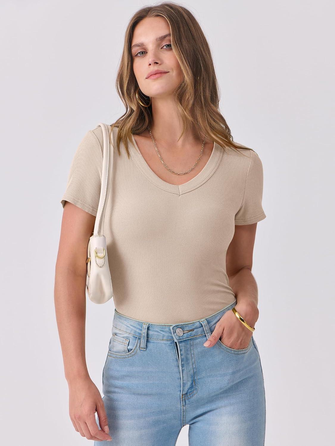 imageANRABESS Women Short Sleeve V Neck Ribbed Knit Fitted Shirts Basic Tees Tops 2025 Summer Casual TShirts Going Out OutfitsBeige
