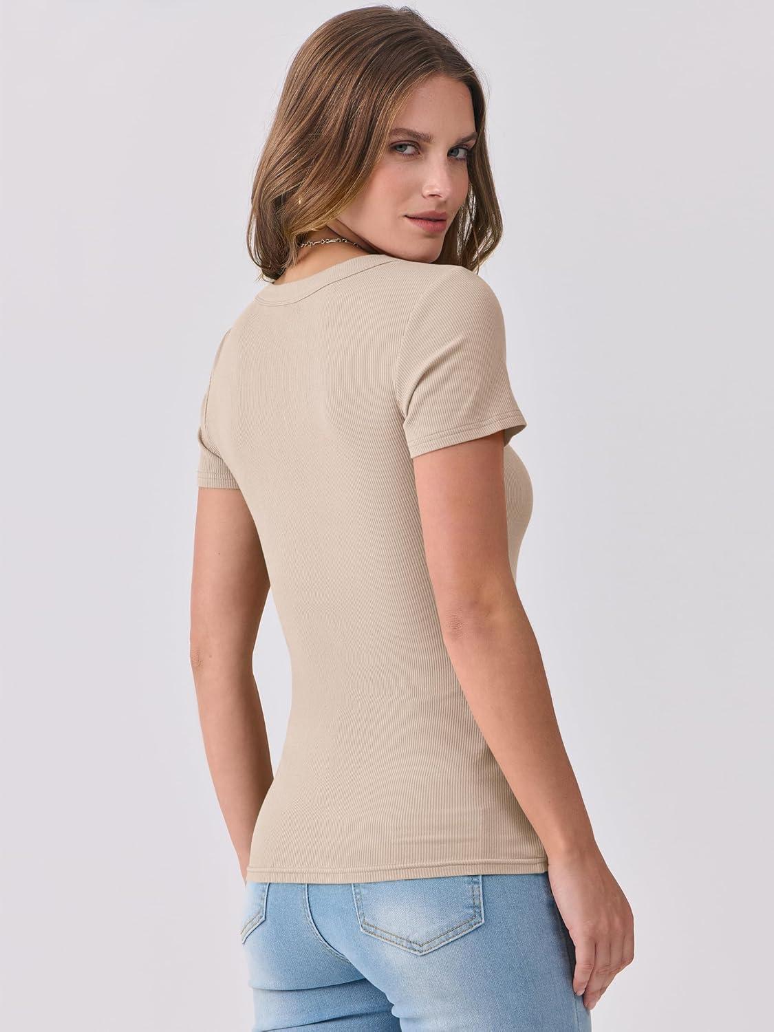 imageANRABESS Women Short Sleeve V Neck Ribbed Knit Fitted Shirts Basic Tees Tops 2025 Summer Casual TShirts Going Out OutfitsBeige