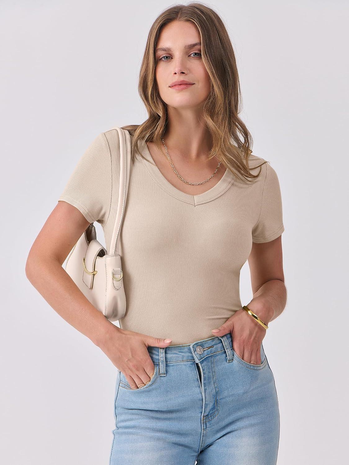 imageANRABESS Women Short Sleeve V Neck Ribbed Knit Fitted Shirts Basic Tees Tops 2025 Summer Casual TShirts Going Out OutfitsBeige