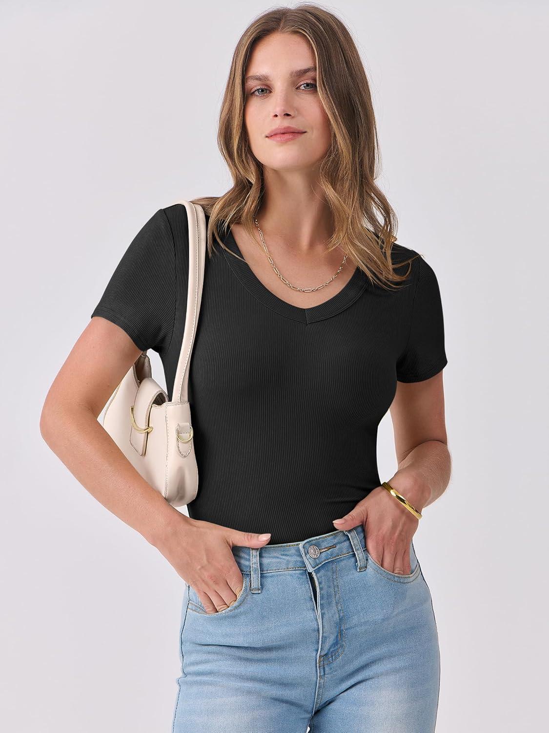 imageANRABESS Women Short Sleeve V Neck Ribbed Knit Fitted Shirts Basic Tees Tops 2025 Summer Casual TShirts Going Out OutfitsBlack
