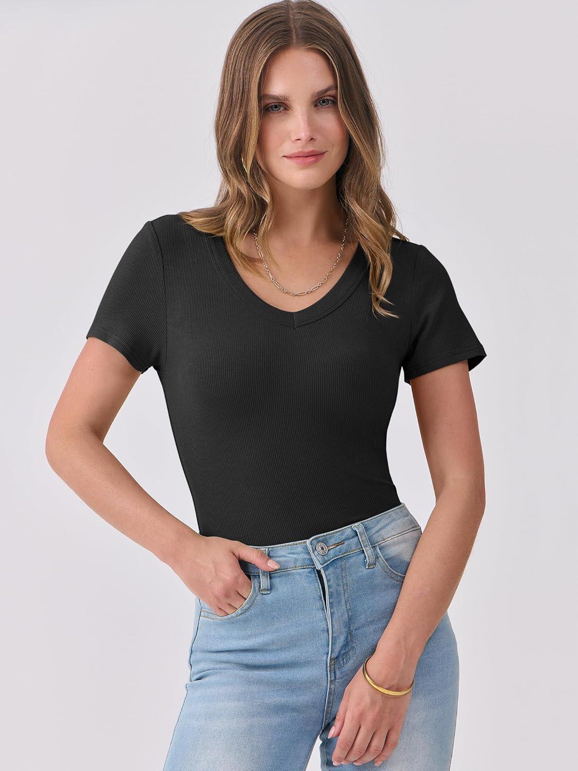imageANRABESS Women Short Sleeve V Neck Ribbed Knit Fitted Shirts Basic Tees Tops 2025 Summer Casual TShirts Going Out OutfitsBlack