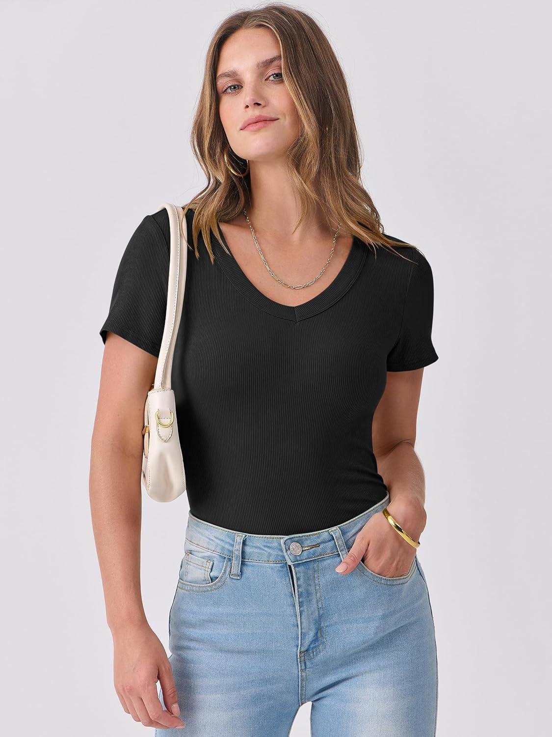 imageANRABESS Women Short Sleeve V Neck Ribbed Knit Fitted Shirts Basic Tees Tops 2025 Summer Casual TShirts Going Out OutfitsBlack