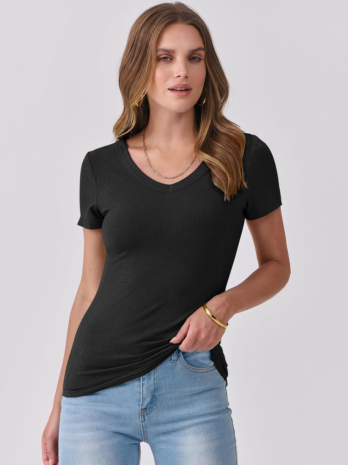 imageANRABESS Women Short Sleeve V Neck Ribbed Knit Fitted Shirts Basic Tees Tops 2025 Summer Casual TShirts Going Out OutfitsBlack