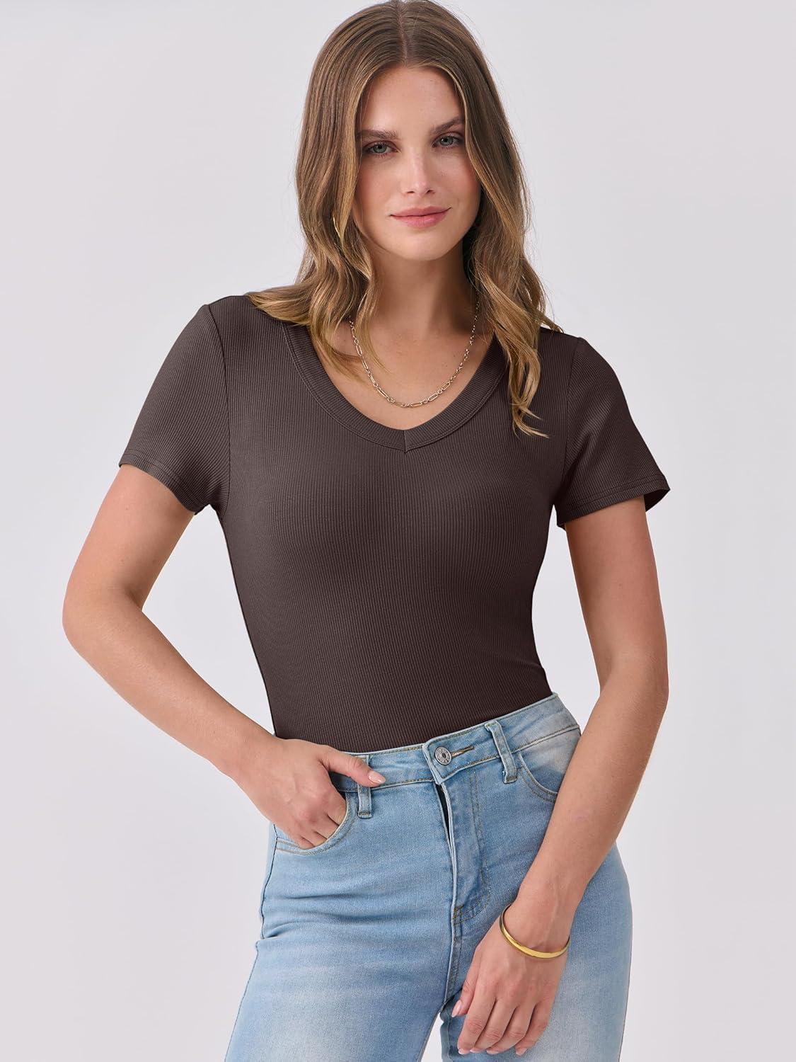 imageANRABESS Women Short Sleeve V Neck Ribbed Knit Fitted Shirts Basic Tees Tops 2025 Summer Casual TShirts Going Out OutfitsBrown