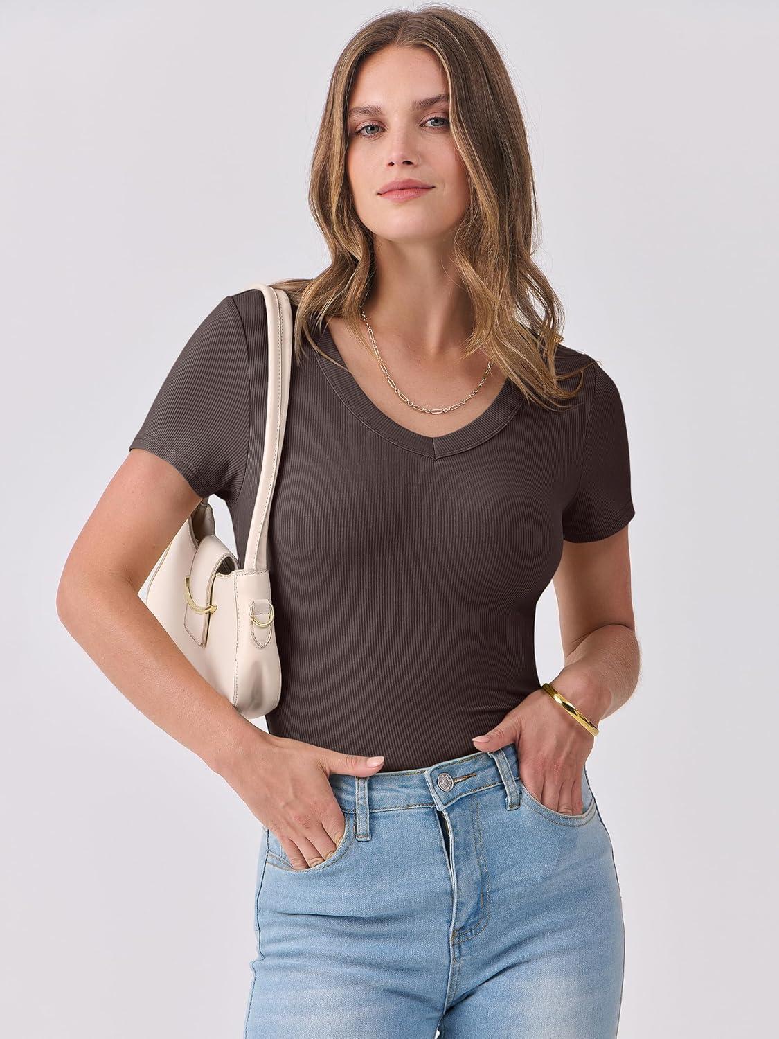 imageANRABESS Women Short Sleeve V Neck Ribbed Knit Fitted Shirts Basic Tees Tops 2025 Summer Casual TShirts Going Out OutfitsBrown