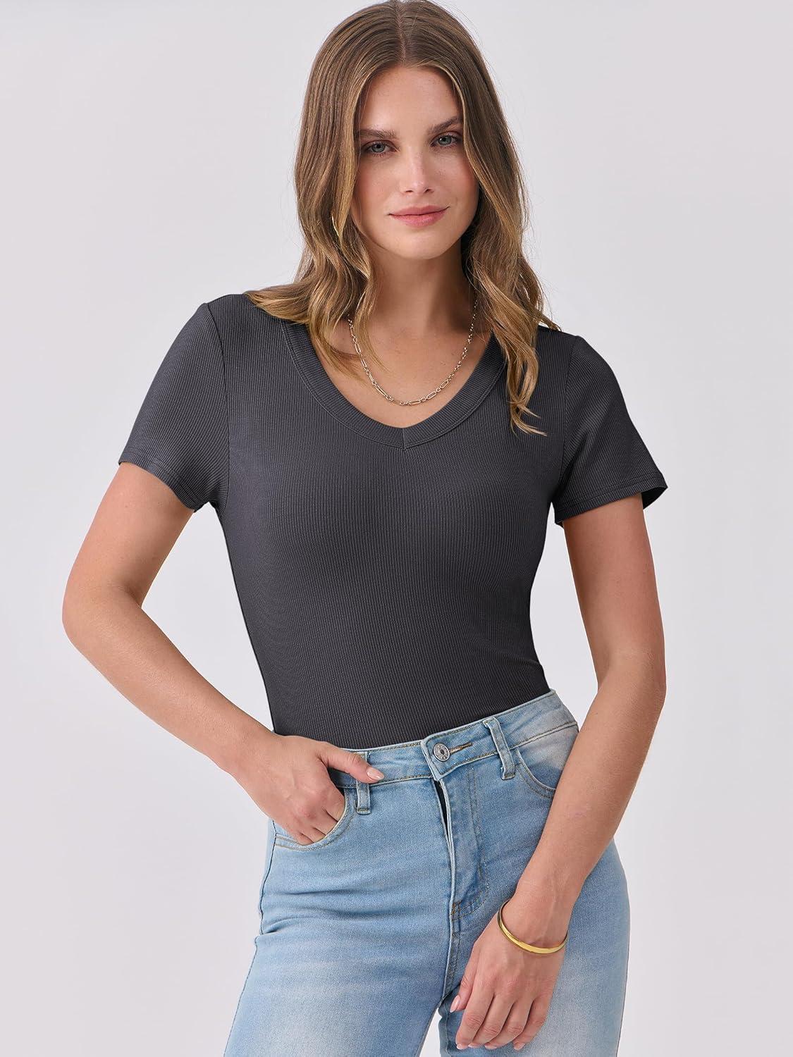 imageANRABESS Women Short Sleeve V Neck Ribbed Knit Fitted Shirts Basic Tees Tops 2025 Summer Casual TShirts Going Out OutfitsCharcoal