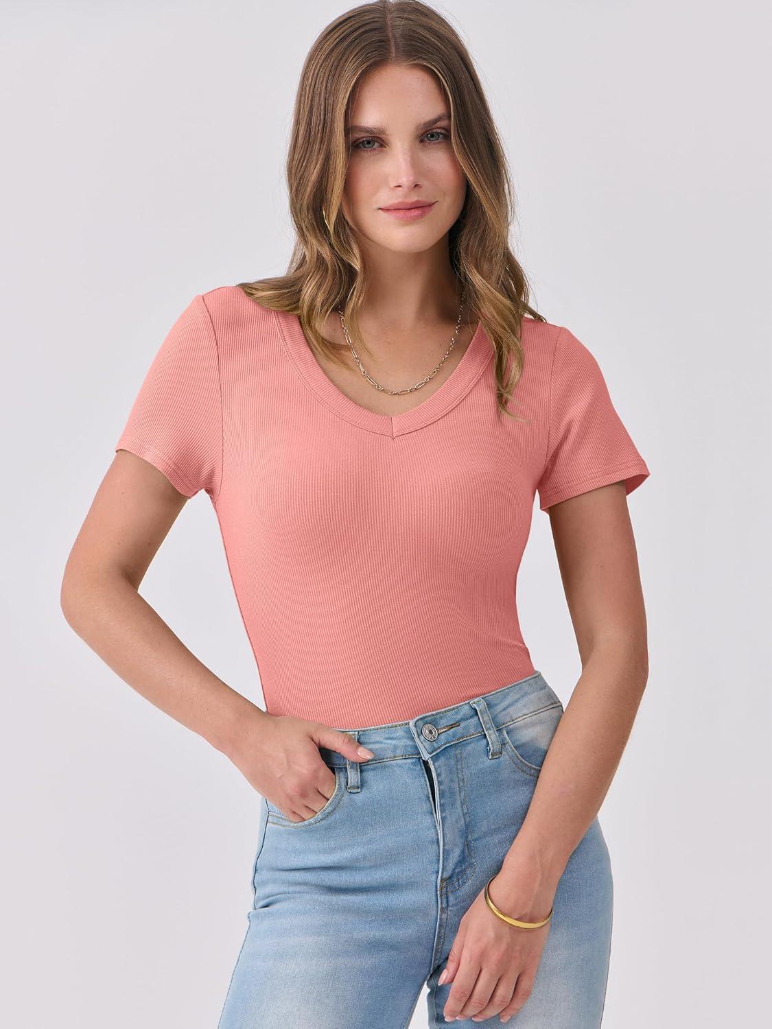 imageANRABESS Women Short Sleeve V Neck Ribbed Knit Fitted Shirts Basic Tees Tops 2025 Summer Casual TShirts Going Out OutfitsCoral