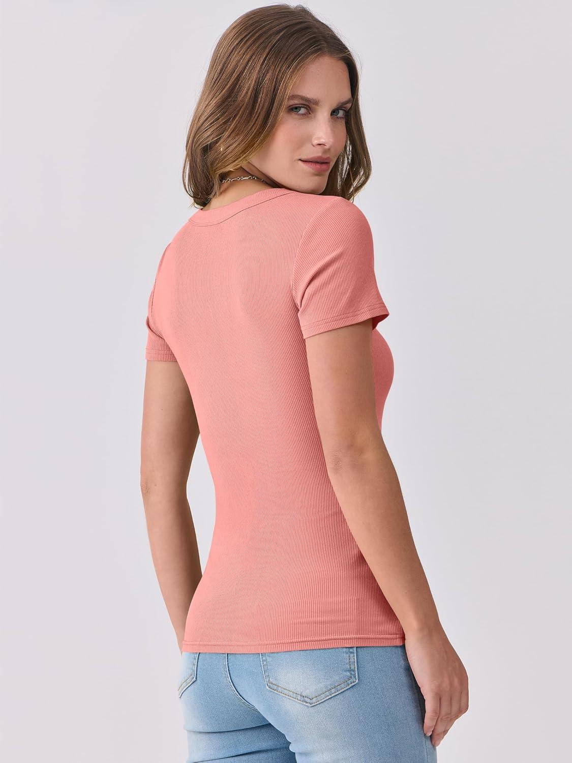 imageANRABESS Women Short Sleeve V Neck Ribbed Knit Fitted Shirts Basic Tees Tops 2025 Summer Casual TShirts Going Out OutfitsCoral