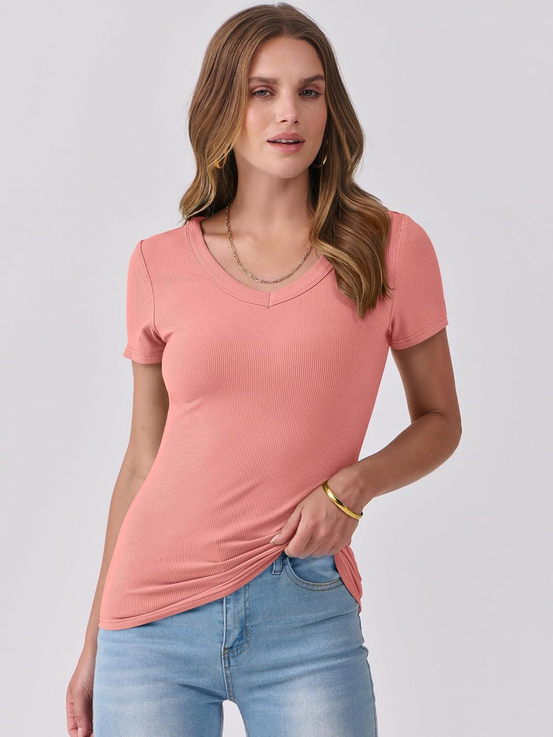 imageANRABESS Women Short Sleeve V Neck Ribbed Knit Fitted Shirts Basic Tees Tops 2025 Summer Casual TShirts Going Out OutfitsCoral