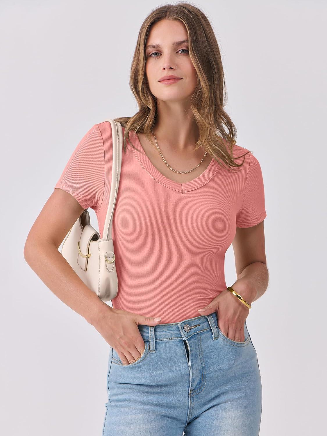imageANRABESS Women Short Sleeve V Neck Ribbed Knit Fitted Shirts Basic Tees Tops 2025 Summer Casual TShirts Going Out OutfitsCoral
