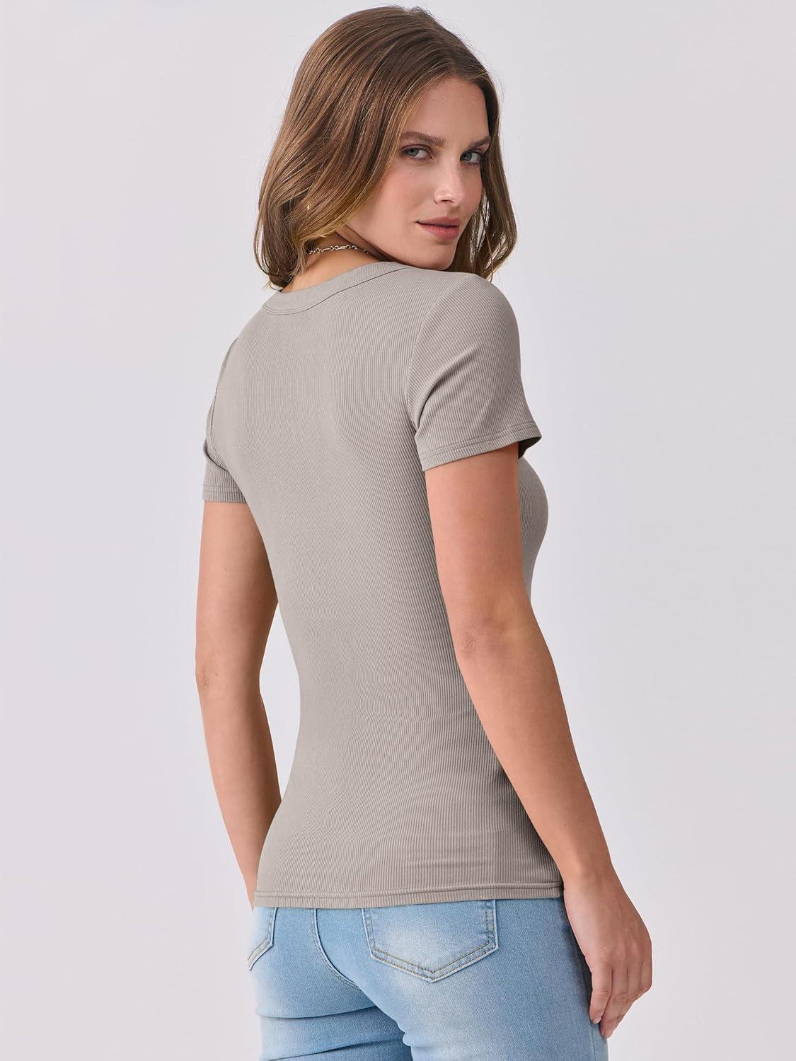 imageANRABESS Women Short Sleeve V Neck Ribbed Knit Fitted Shirts Basic Tees Tops 2025 Summer Casual TShirts Going Out OutfitsDark Khaki