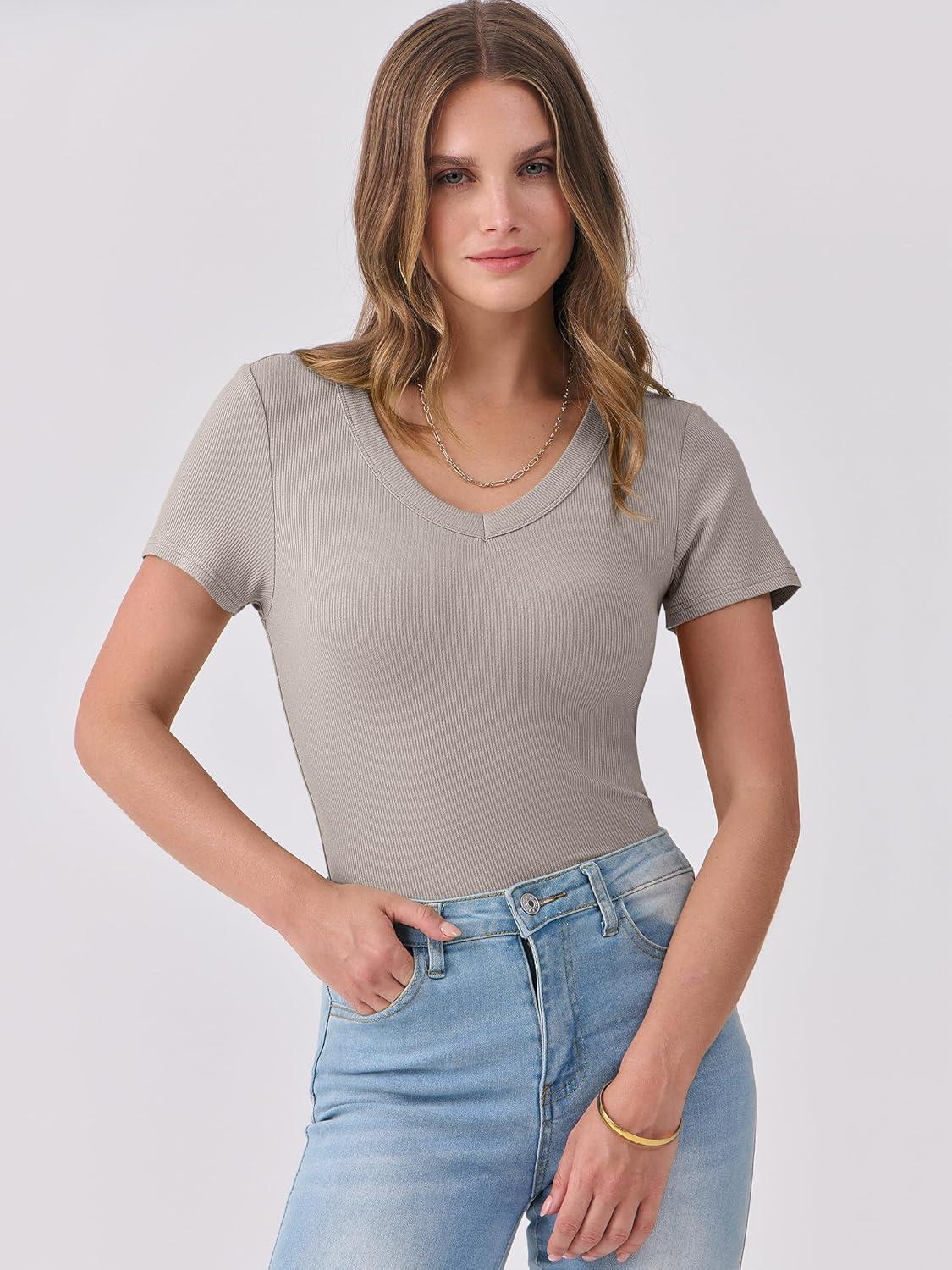 imageANRABESS Women Short Sleeve V Neck Ribbed Knit Fitted Shirts Basic Tees Tops 2025 Summer Casual TShirts Going Out OutfitsDark Khaki