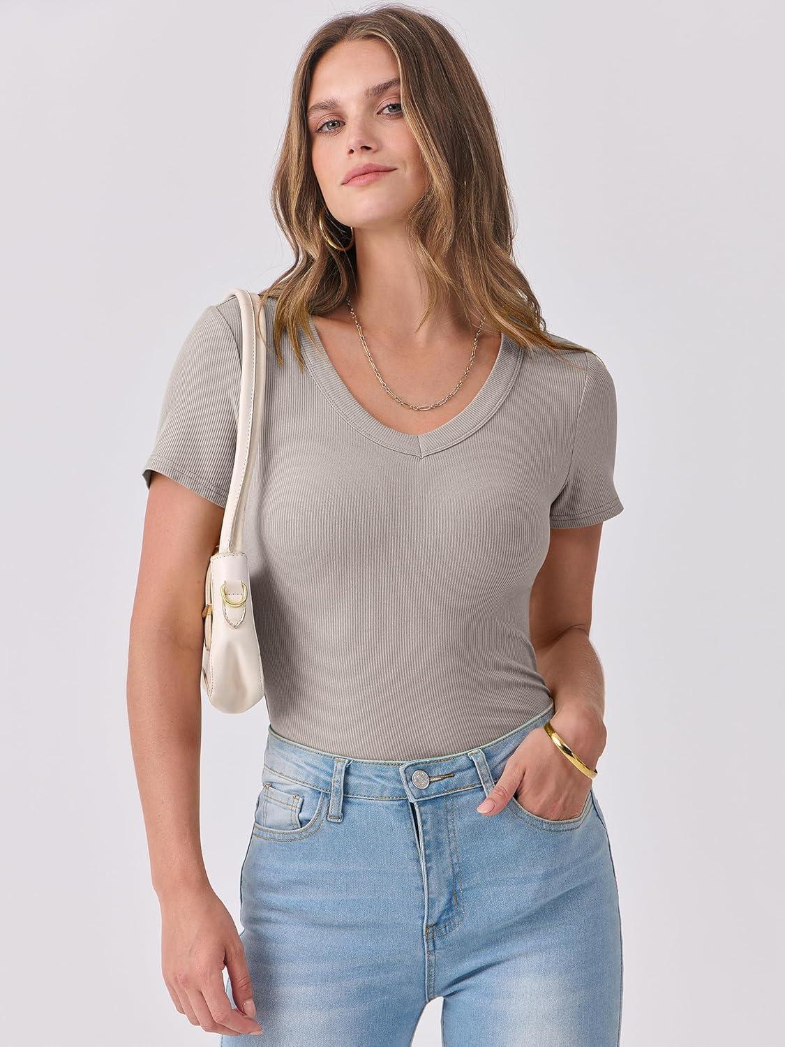 imageANRABESS Women Short Sleeve V Neck Ribbed Knit Fitted Shirts Basic Tees Tops 2025 Summer Casual TShirts Going Out OutfitsDark Khaki