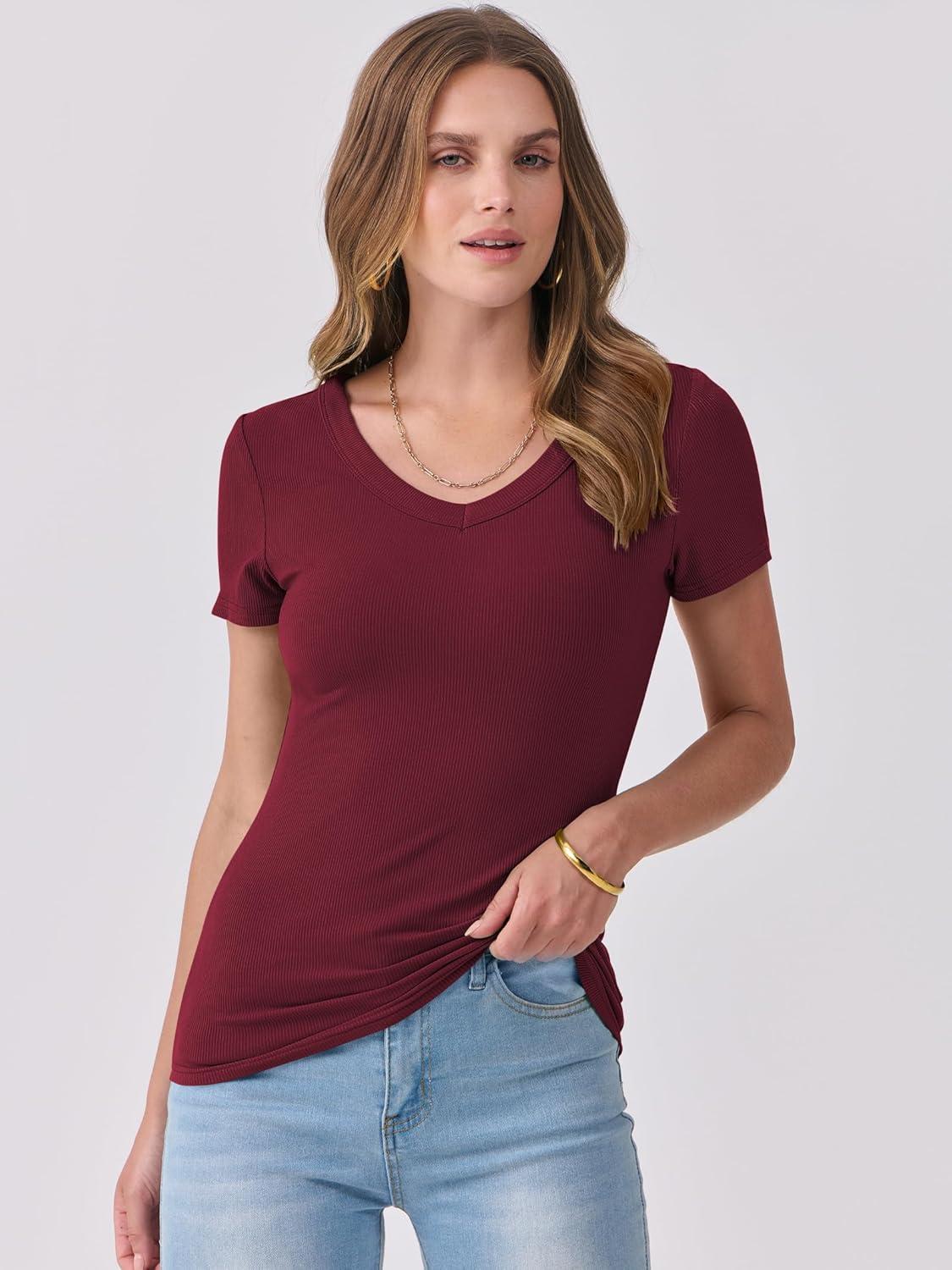 imageANRABESS Women Short Sleeve V Neck Ribbed Knit Fitted Shirts Basic Tees Tops 2025 Summer Casual TShirts Going Out OutfitsDeep Red