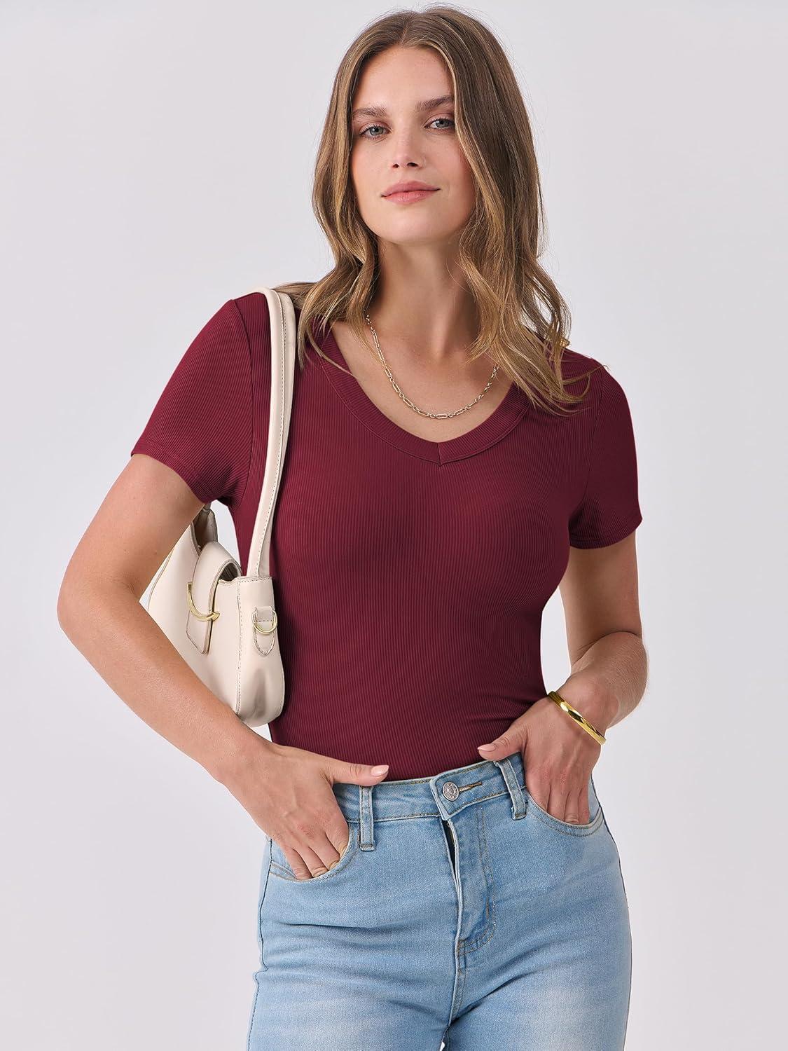 imageANRABESS Women Short Sleeve V Neck Ribbed Knit Fitted Shirts Basic Tees Tops 2025 Summer Casual TShirts Going Out OutfitsDeep Red
